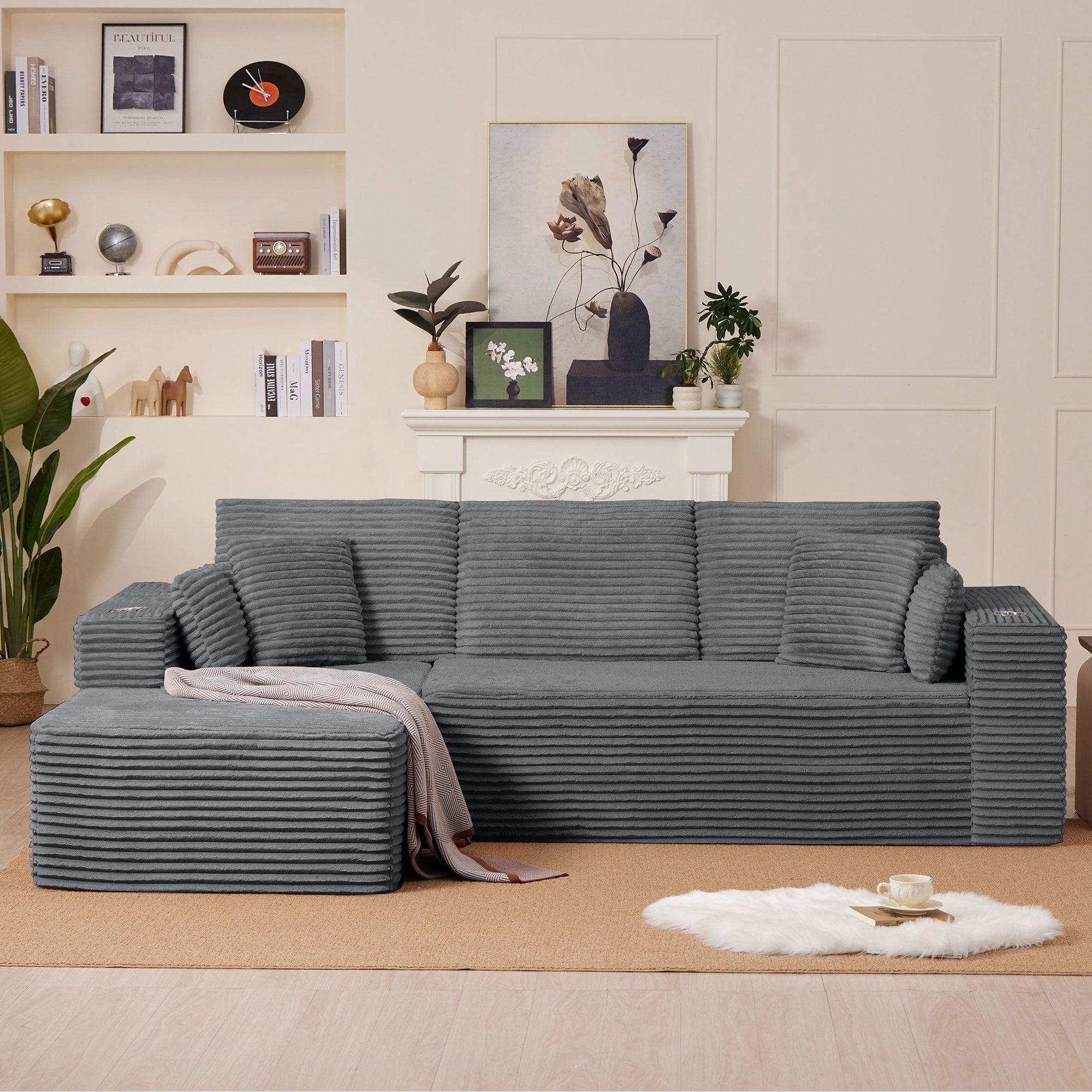 102.76 Corduroy Cloudy L Shaped Sofa With Headrests And Toss Pillows