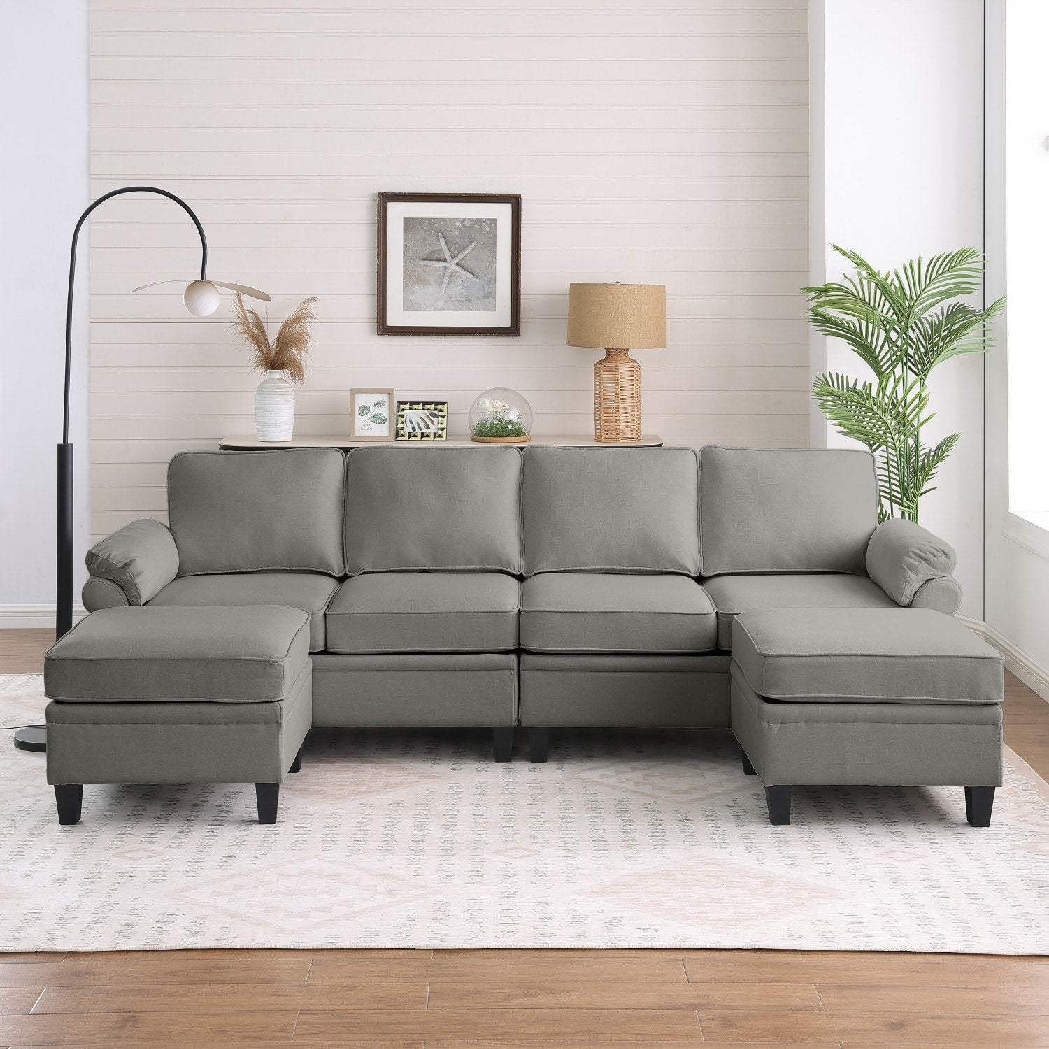 102 U Shaped Linen Fabric Sectional Sofa With Ottomans