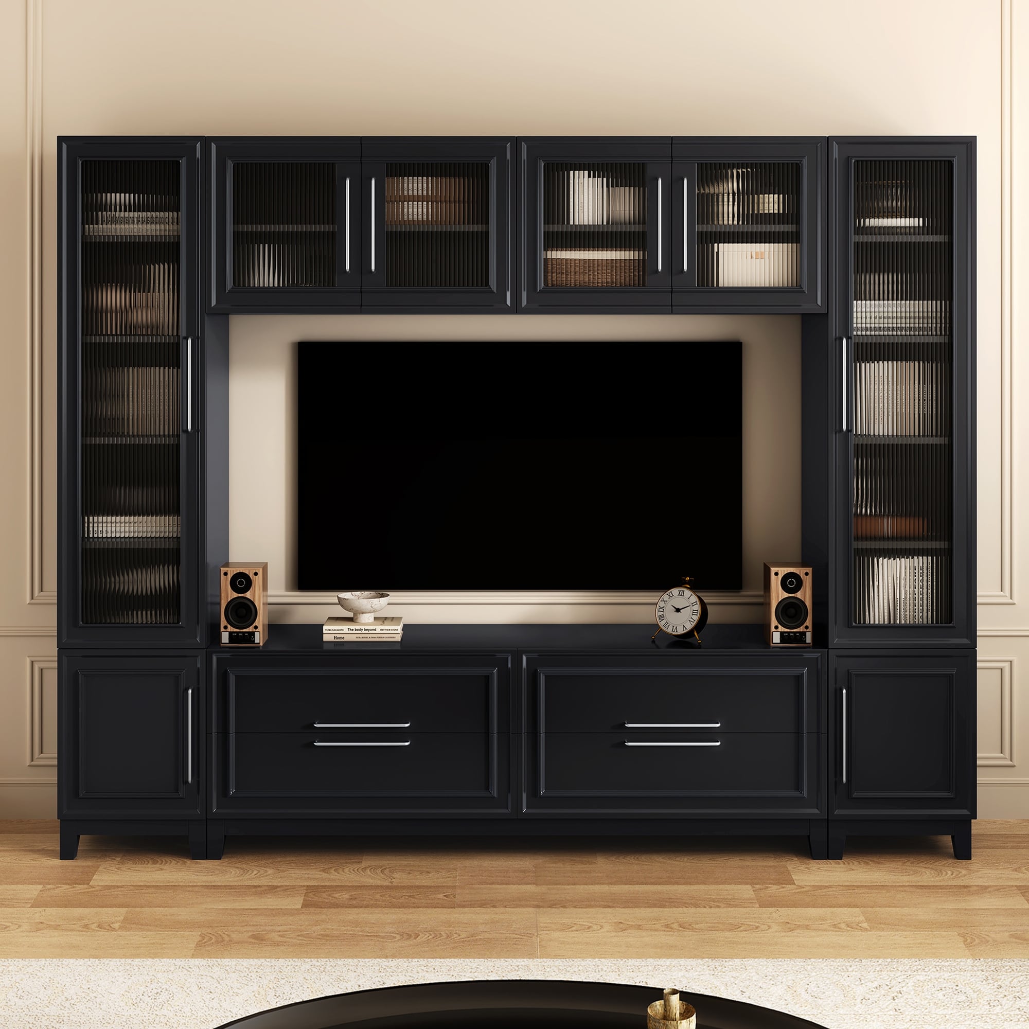 102 W Wall Unit Modern Entertainment Center With Glass Doors For Tvs Up To 75 Large Tv Stand Media Console With Drawers
