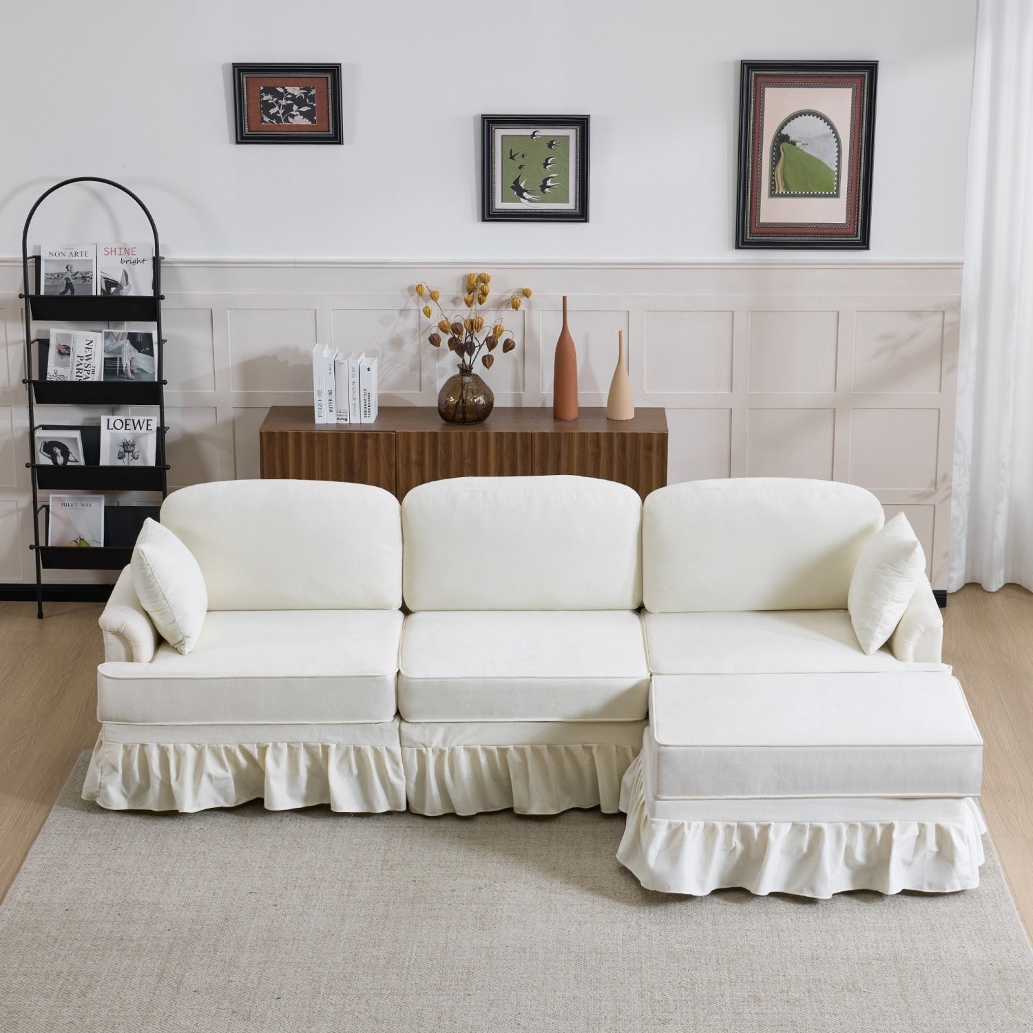 103.15 Chenille Sectional Sofa With Ottoman And Removable Ruffled Skirt