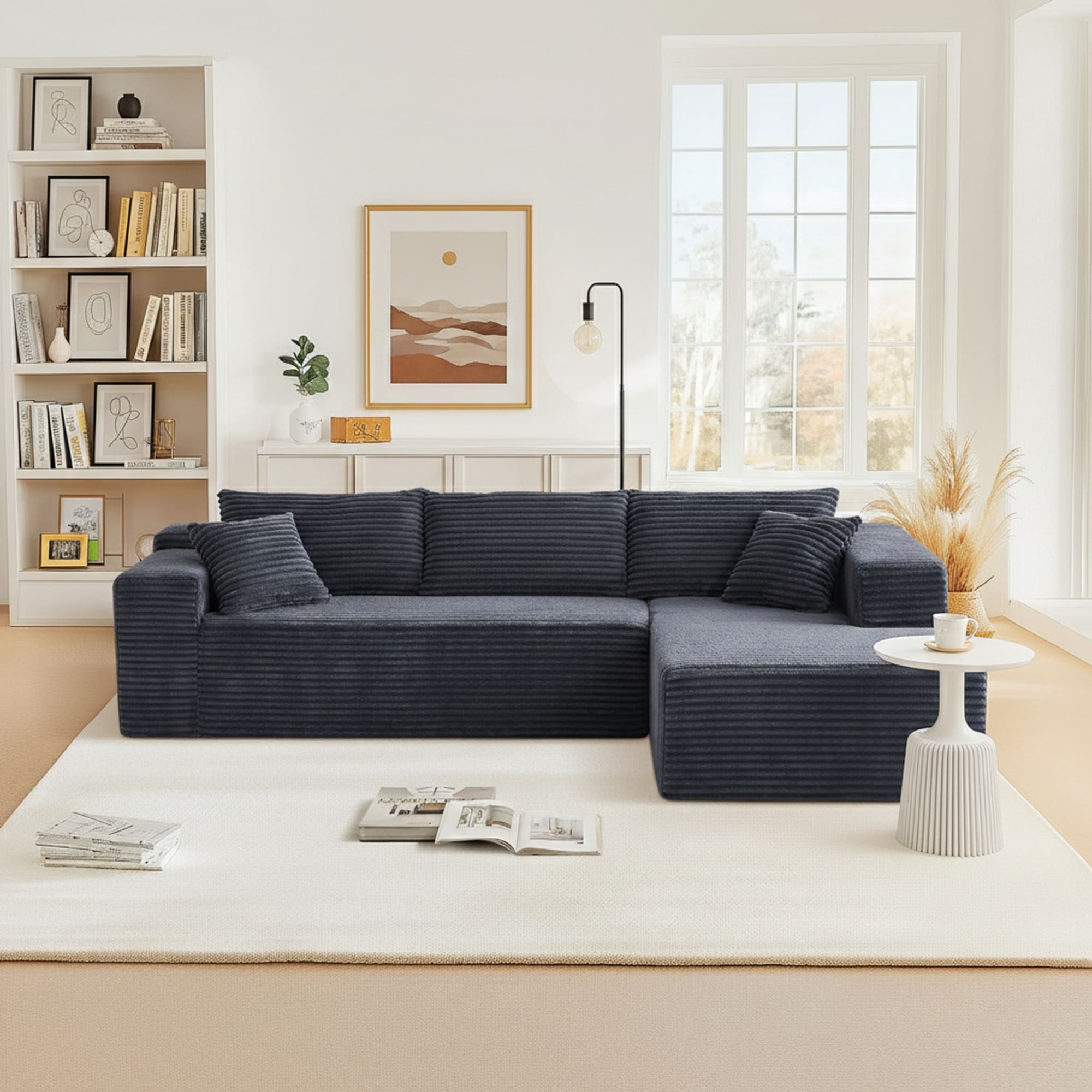 103.54 Flannel L Shaped High Density Modern Modular Sectional Sofa With Chaise Pillows