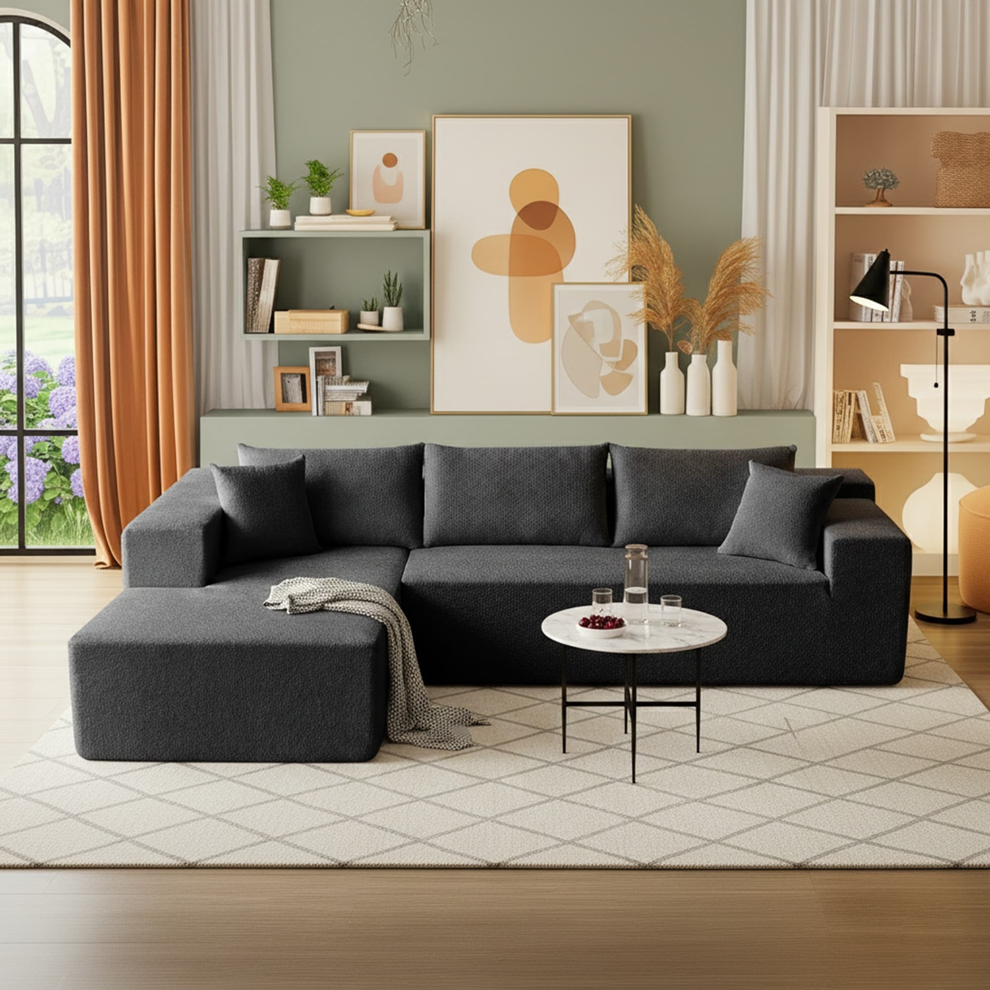103.54 L Shaped Modern High Density Sponge Velvet Modular Sectional Sofa With Chaise Pillows