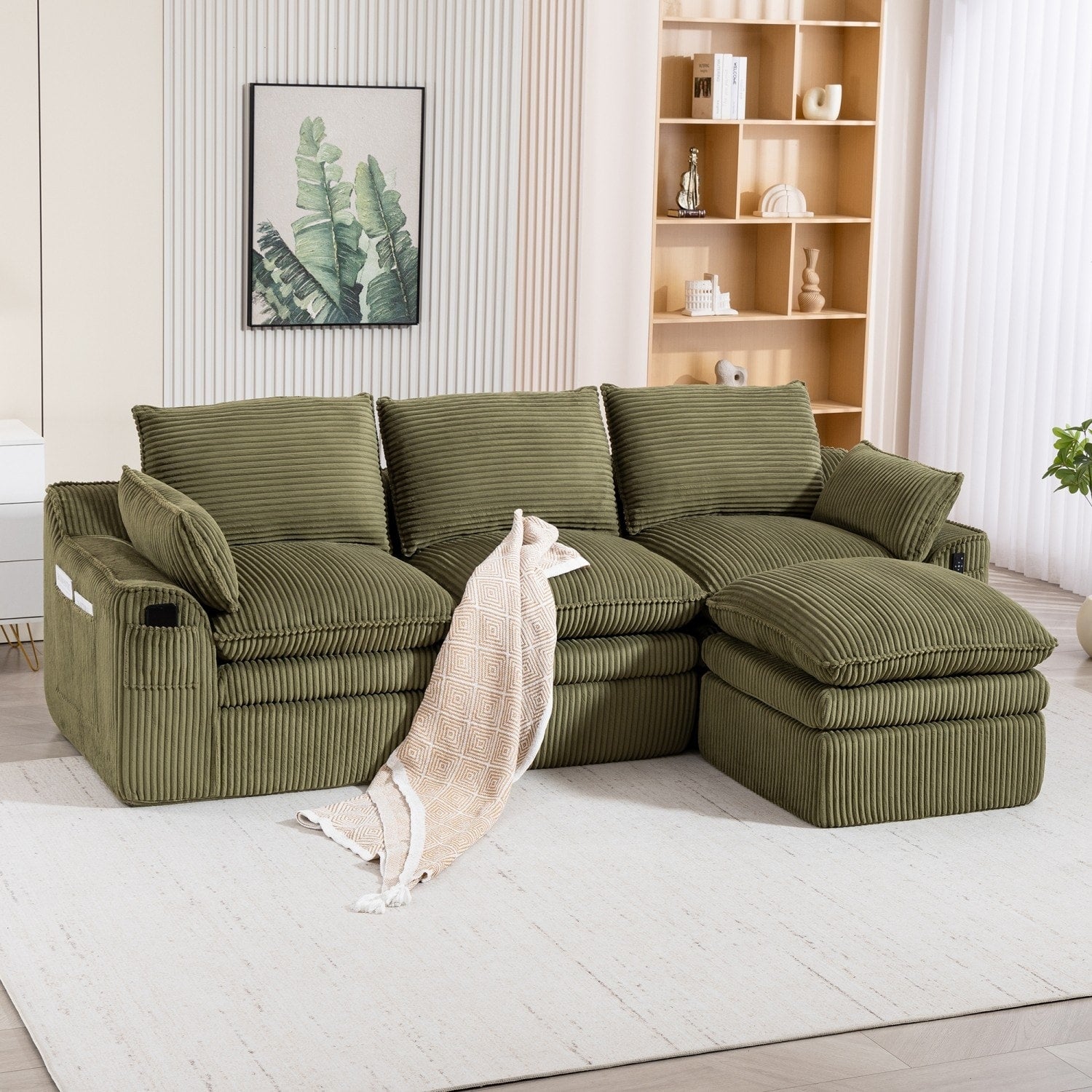 103 L Shaped Corduroy Boneless Sectional Sofa With Movable Ottoman