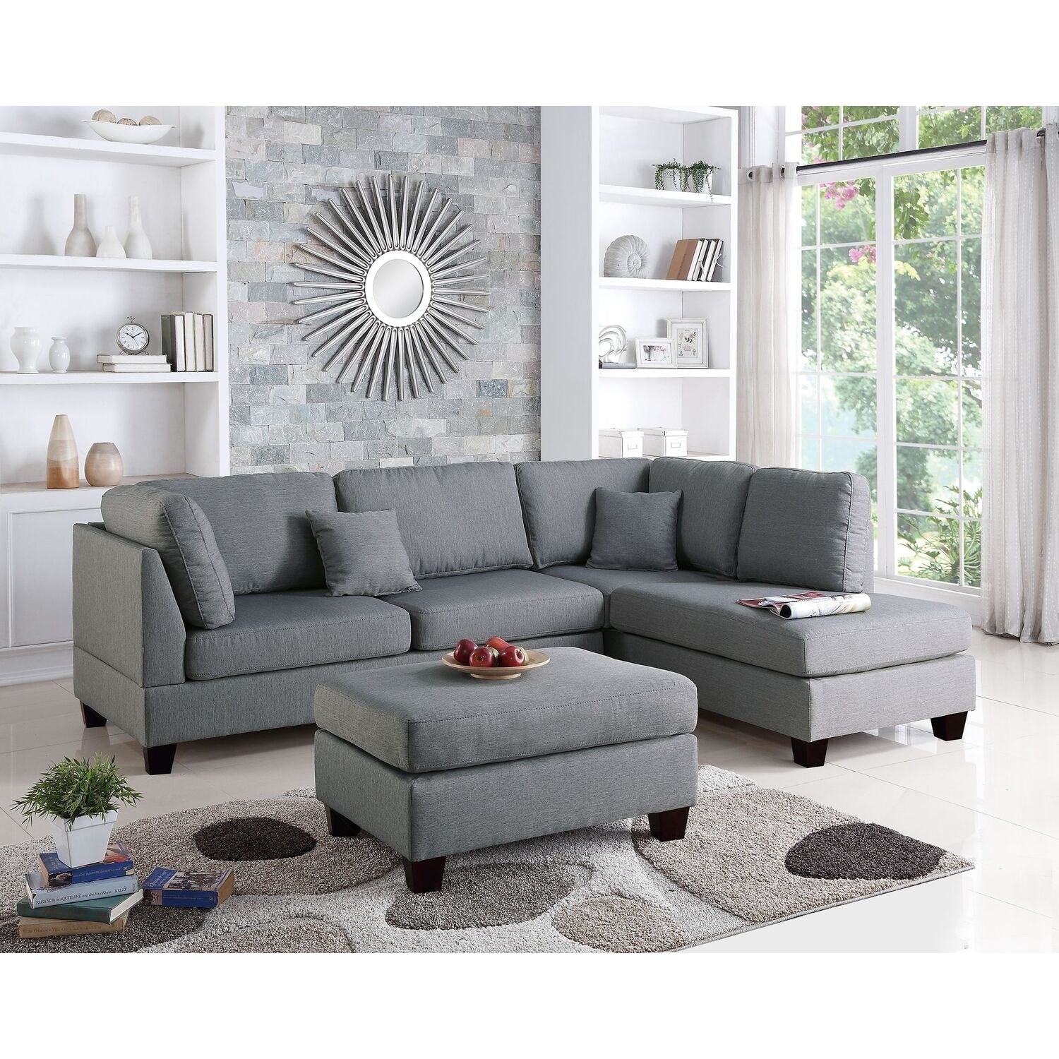 104 In.W Gray Finish Polyester Upholstery L Shaped Straight Arm Sectional Sofa