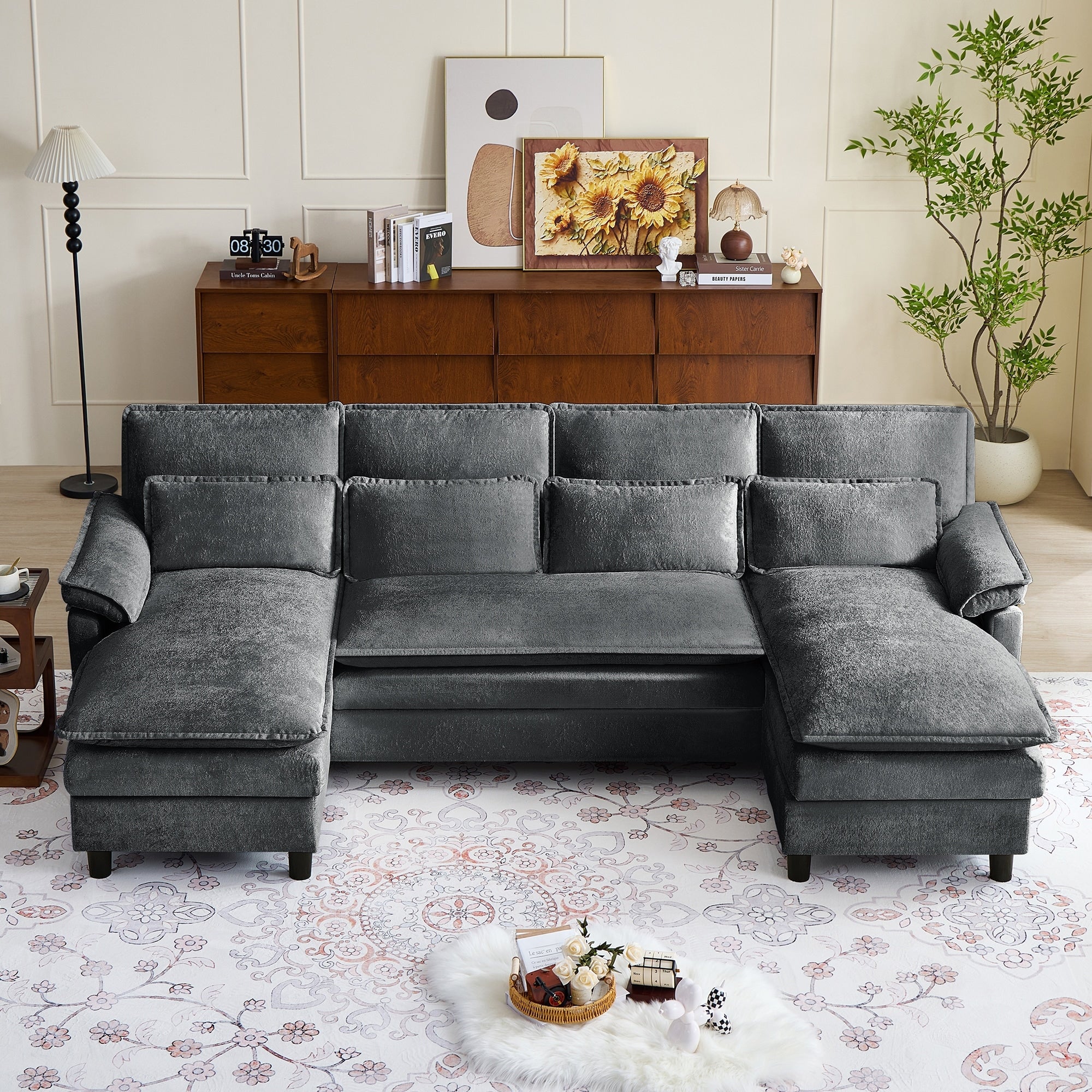 104.72 Large U Shaped Chenille Sectional Sofa With Double Chaise 4 Pillows Removable Washable Covers