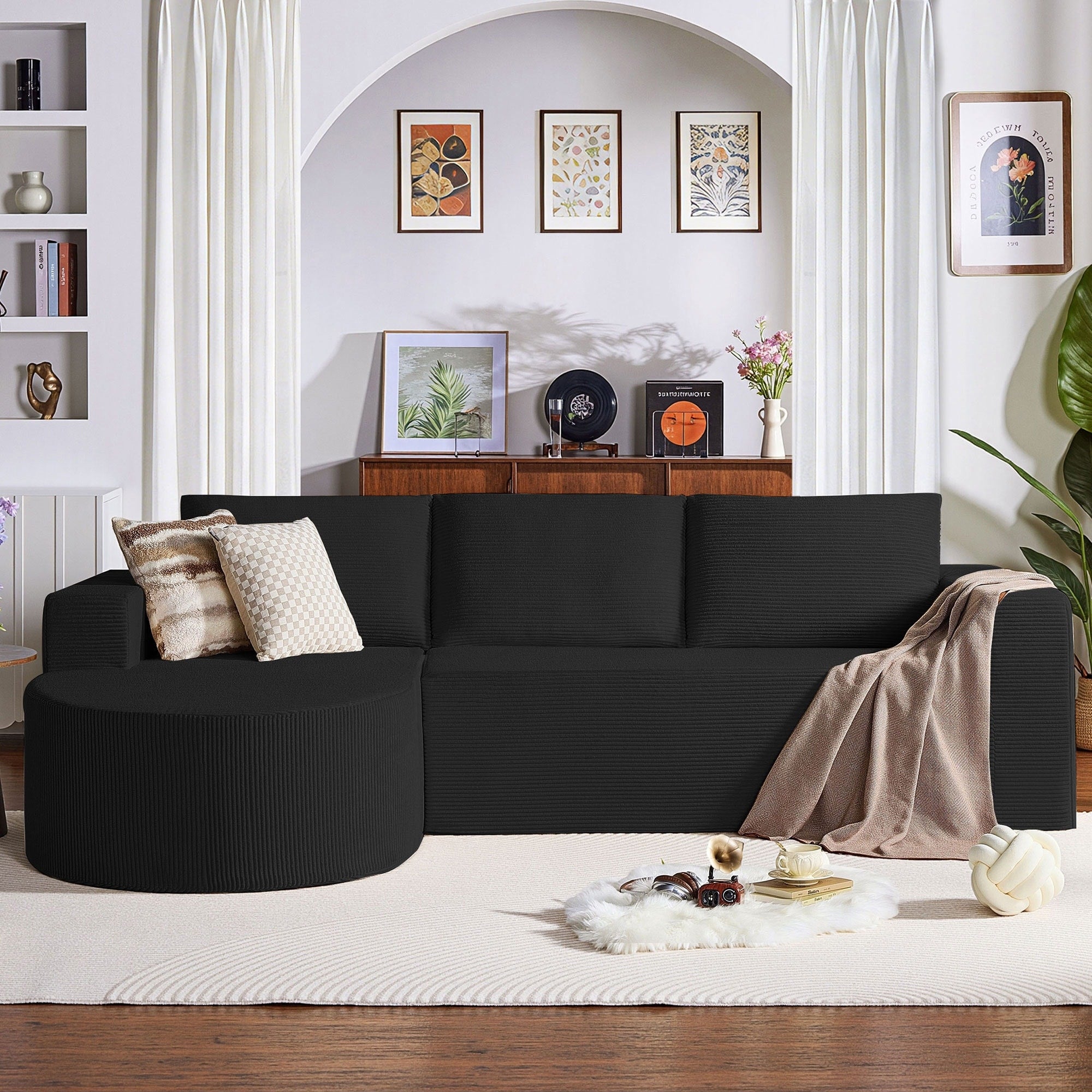 104.92 Corduroy L Shaped Compression Couch Sectional Sofa With Comfortable Chaise