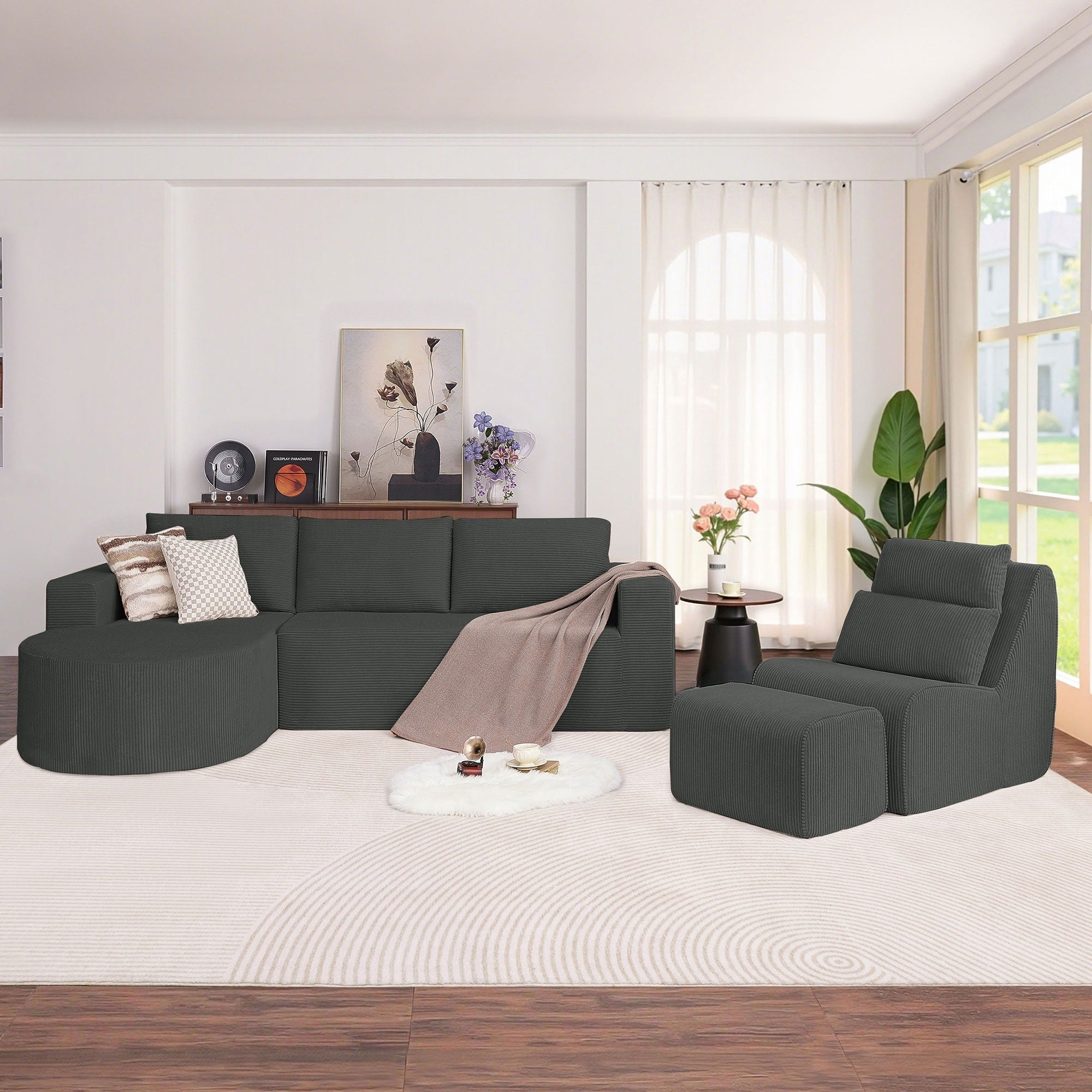 104.92 L Shaped Corduroy Sectional Sofa Set With Single Lounge Chair Ottoman