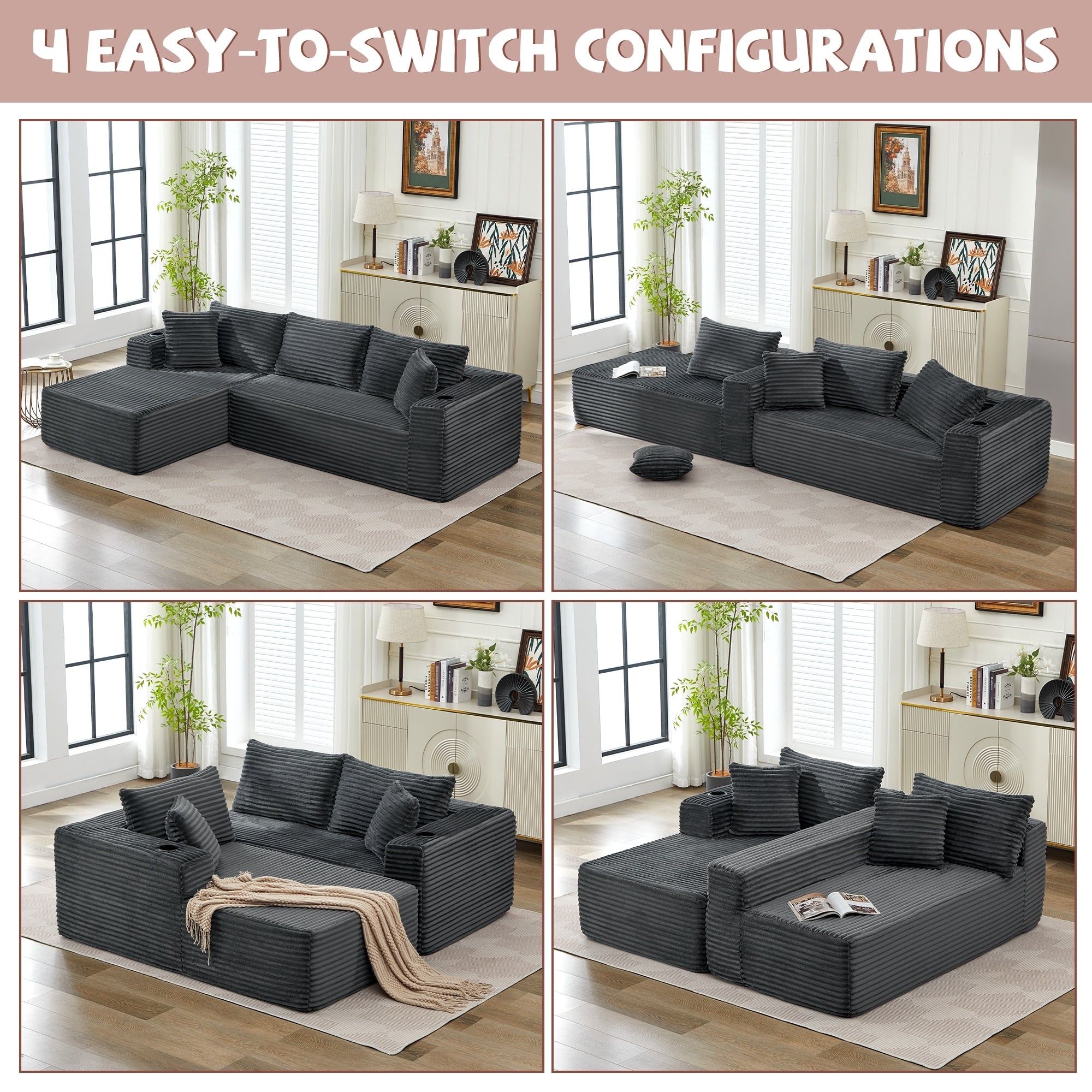 104 Upholstered No Assembly Modular Sofa Chaise Sofa With Cupholders Free Combination