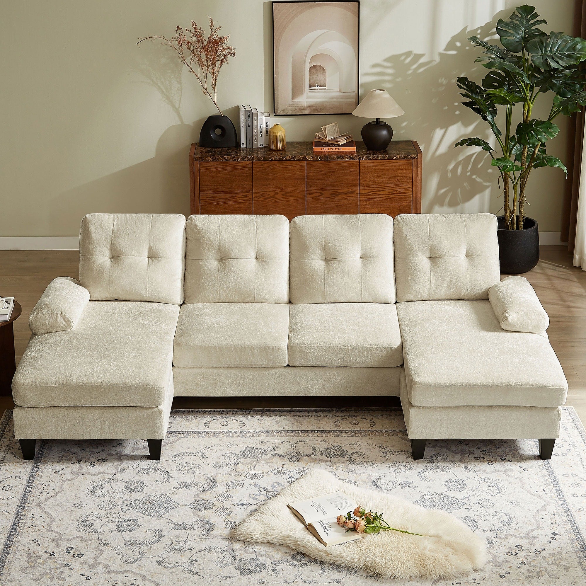 105.32 Wide Modern Chenille U Shaped Sectional Sofa With Double Chaise