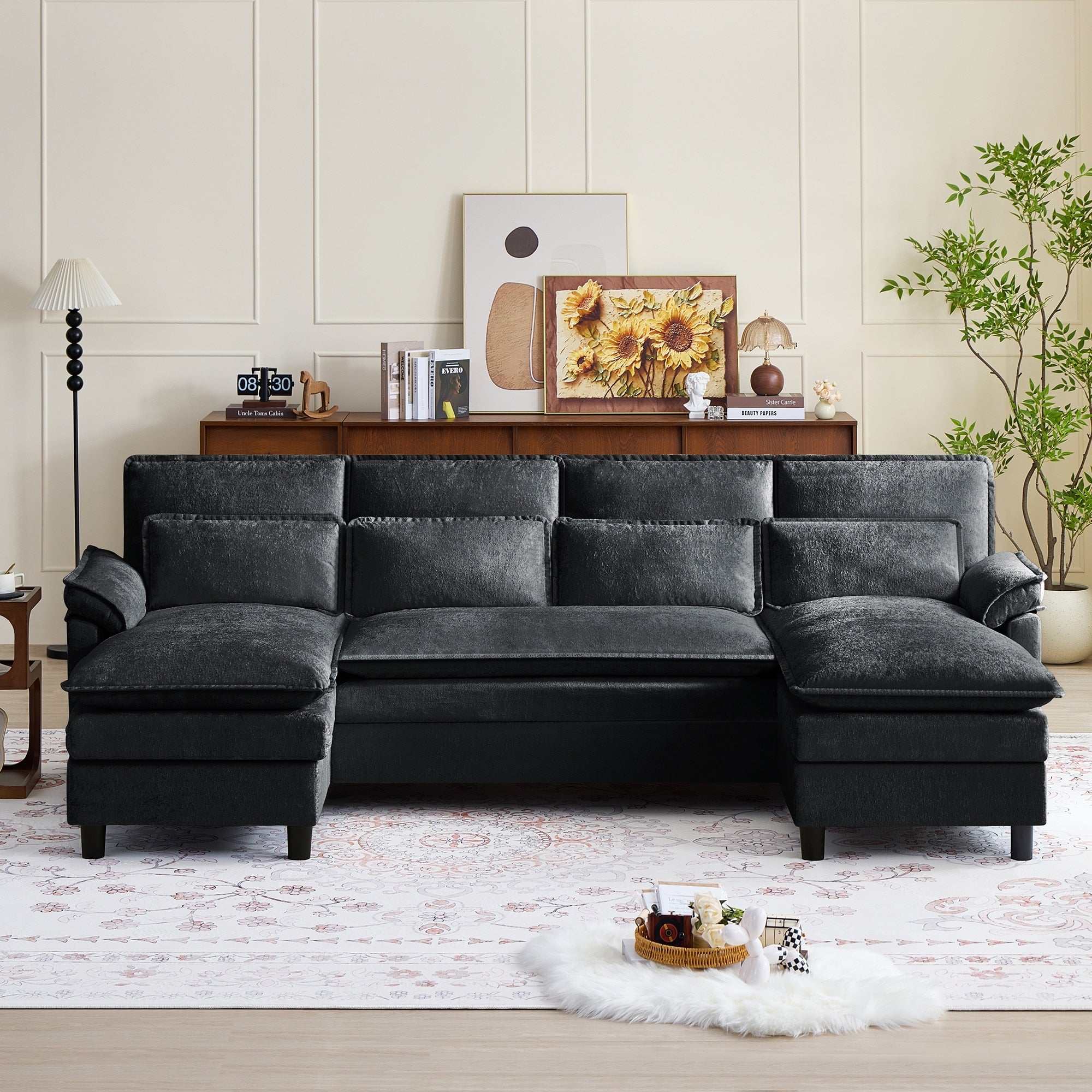 105 Chenille U Shaped Sectional Sofa With Double Chaise 4 Pillows Removable Covers