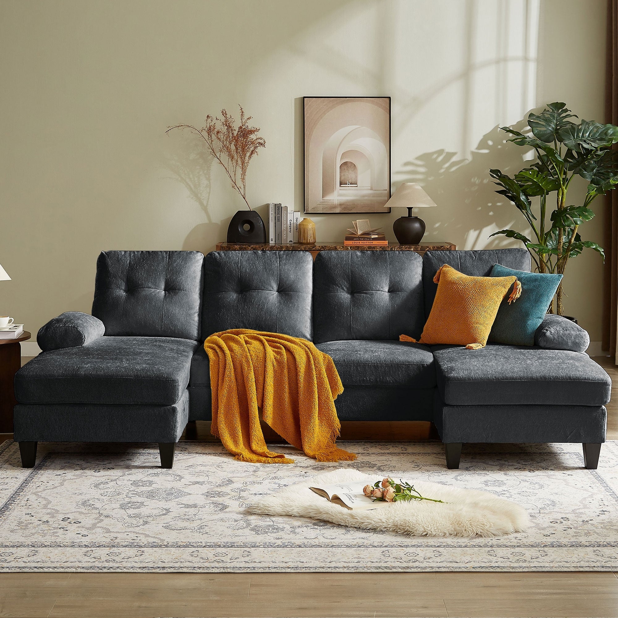 105 Chenille U Shaped Sectional Sofa With Double Chaise