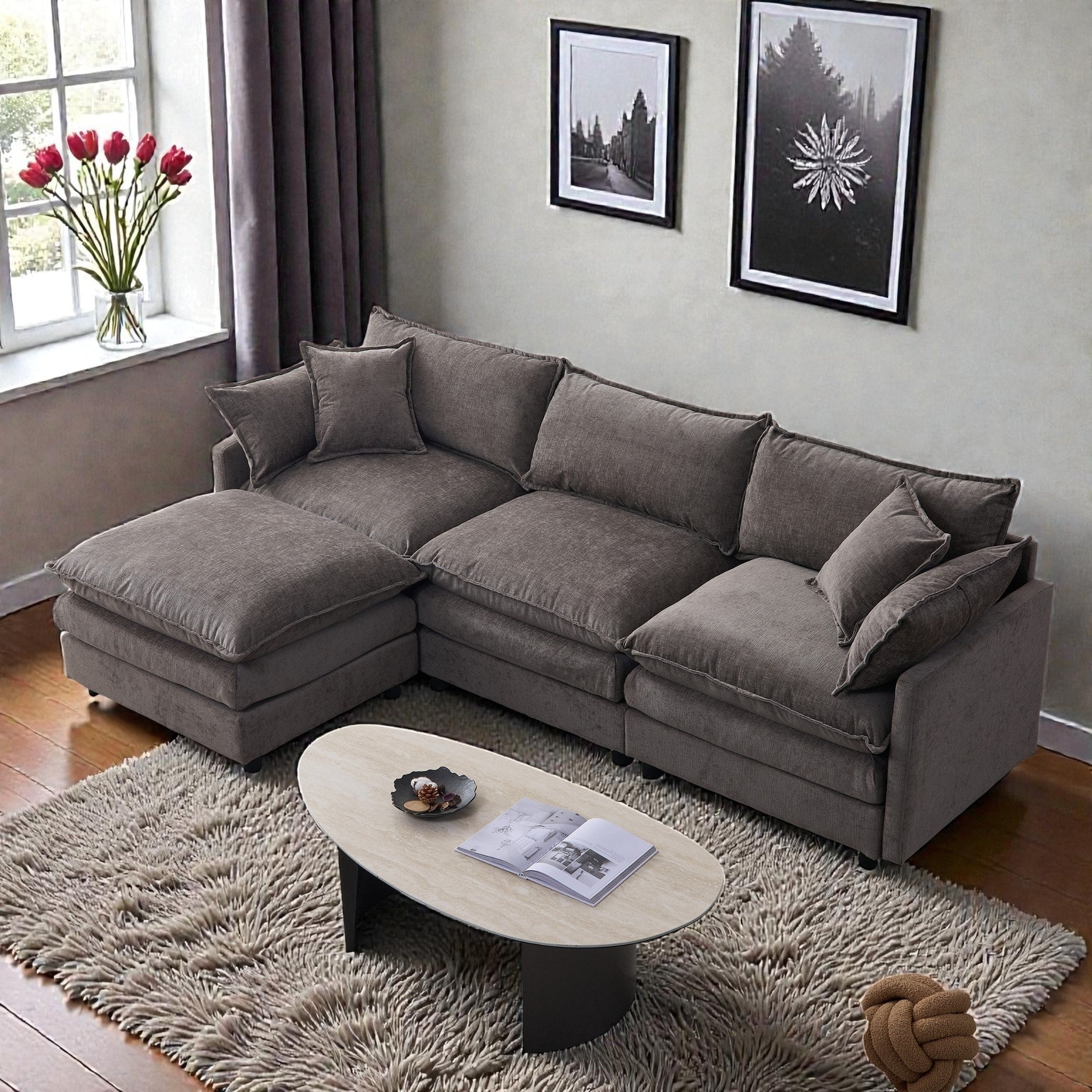 105 L Shaped Modular Sectional Sofa With Ottoman Soft Chenille Upholstery 3 Seater Couch