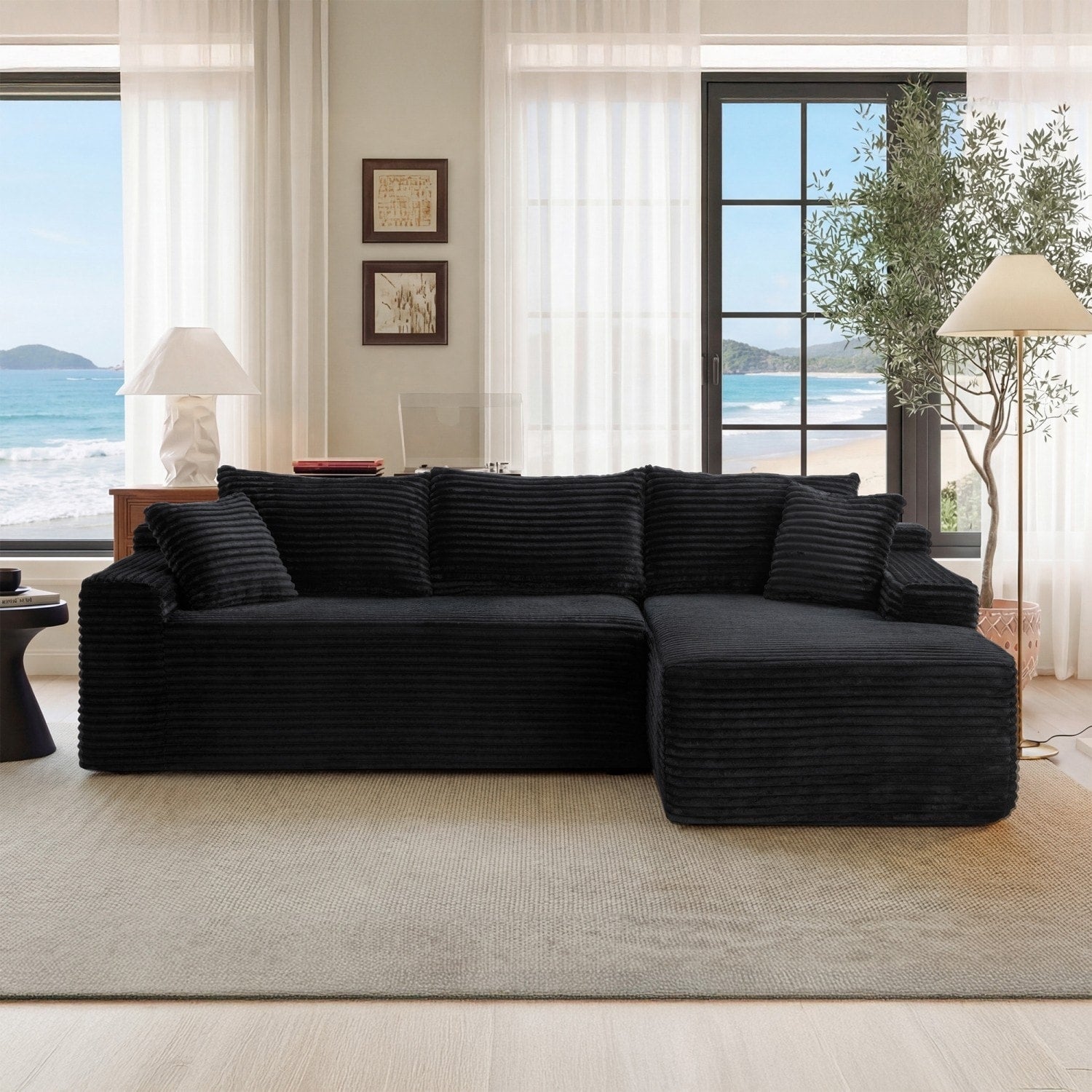 106.3 L Shaped Corduroy Sectional Sofa With Pillows No Assembly Required