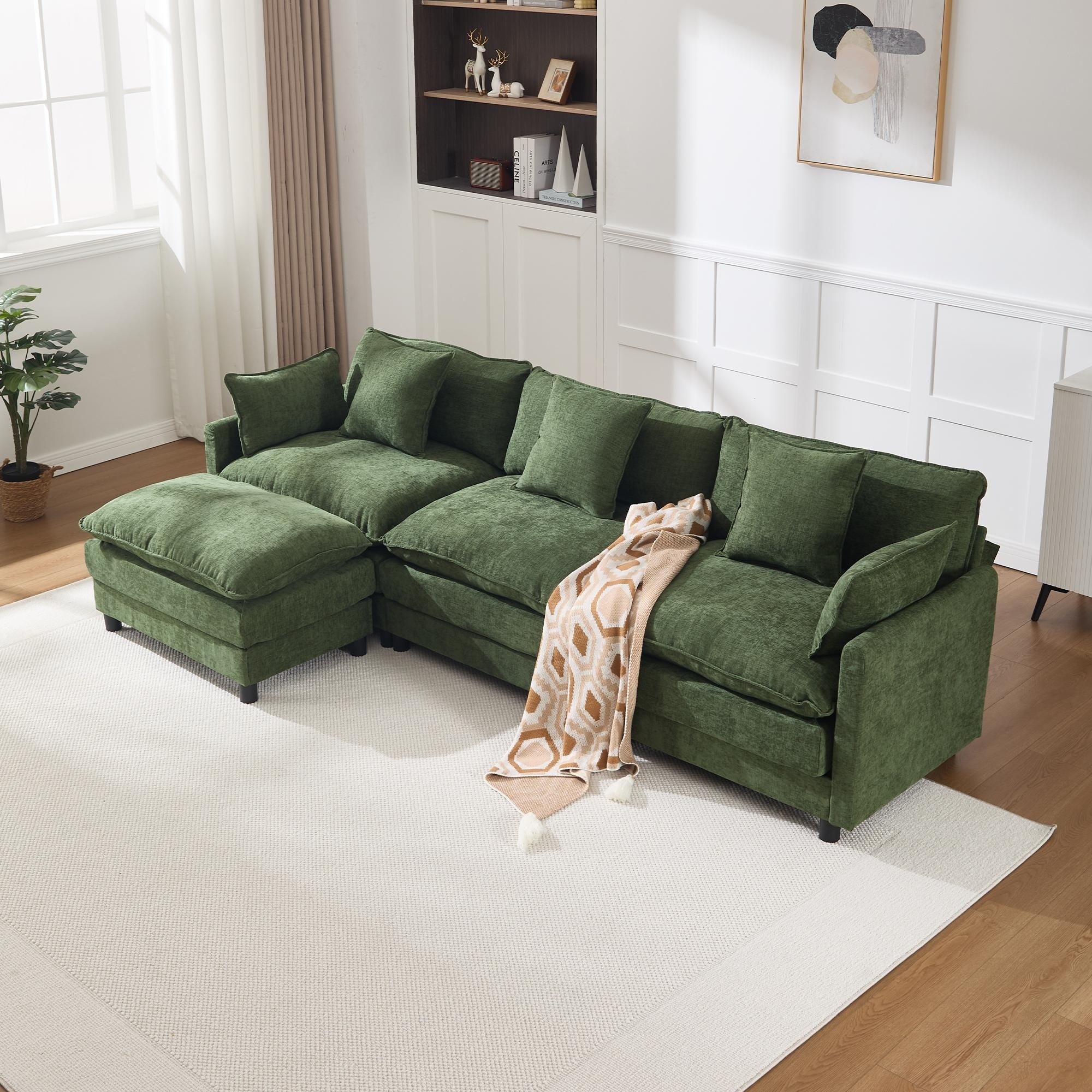 108 L Shaped Modern Sofa Modular Sectional Cloud Couch With Ottoman 4 Seat Chenille Deep Seat Sofa With Pillow