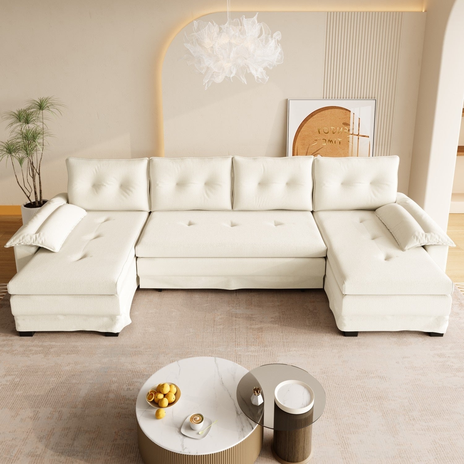 109.5 U Shaped Chenille Sectional Sofa With Usb Ports And Pull Out Bed
