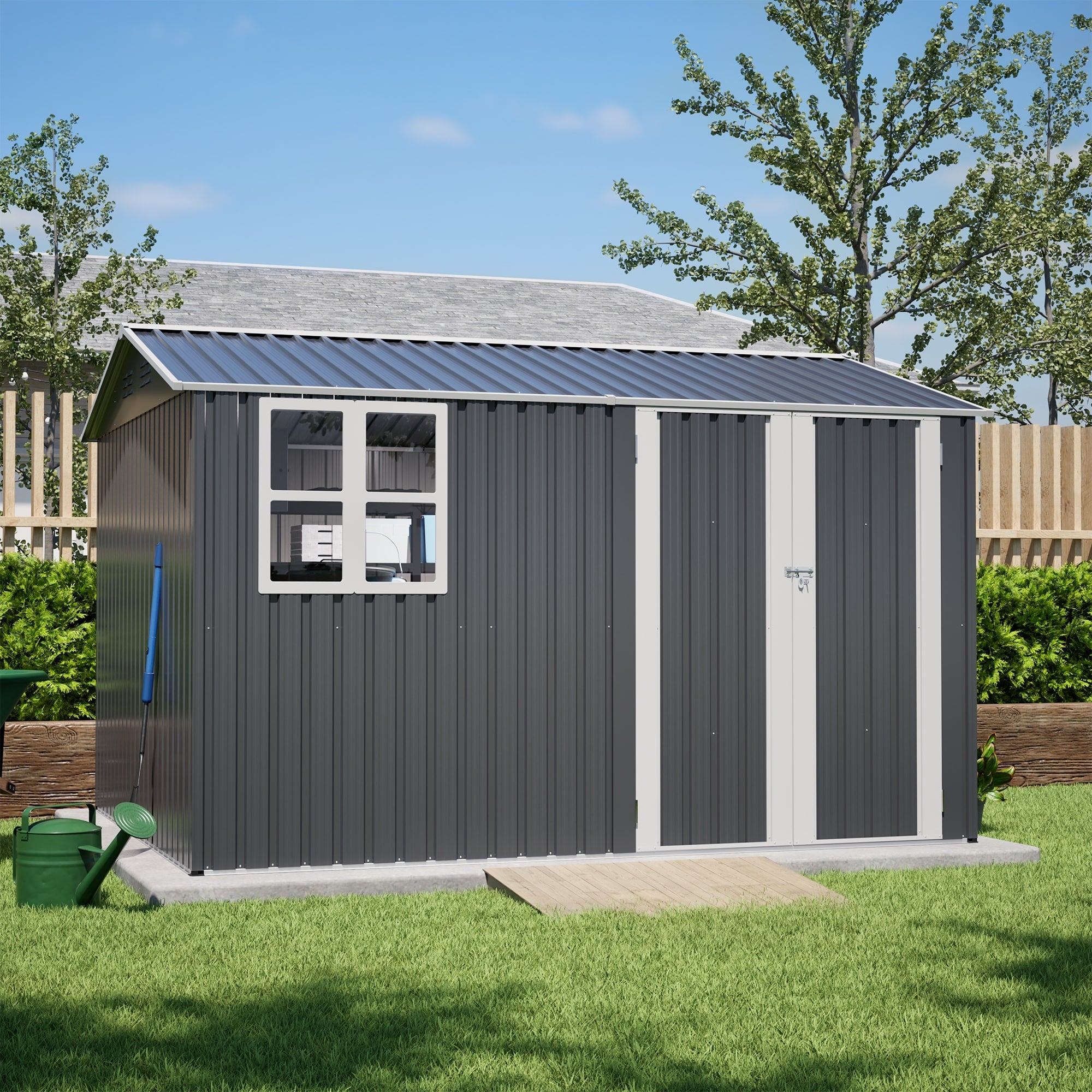 10X8Ft Outdoor Steel Storage Shed With Clear Window Lockable Doors Weather Resistant Metal Tool Shed Gray