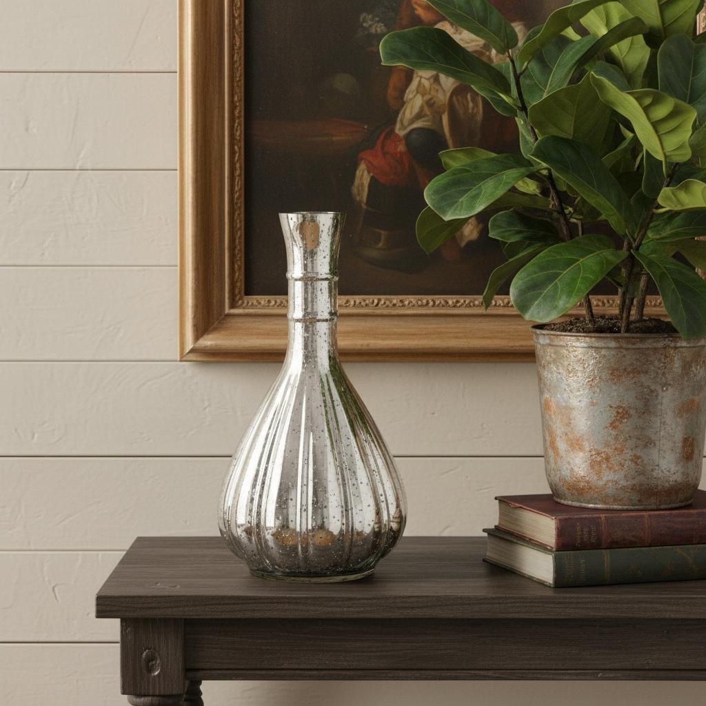 10 Antiqued Silver Glass Round Table Vase 4.90