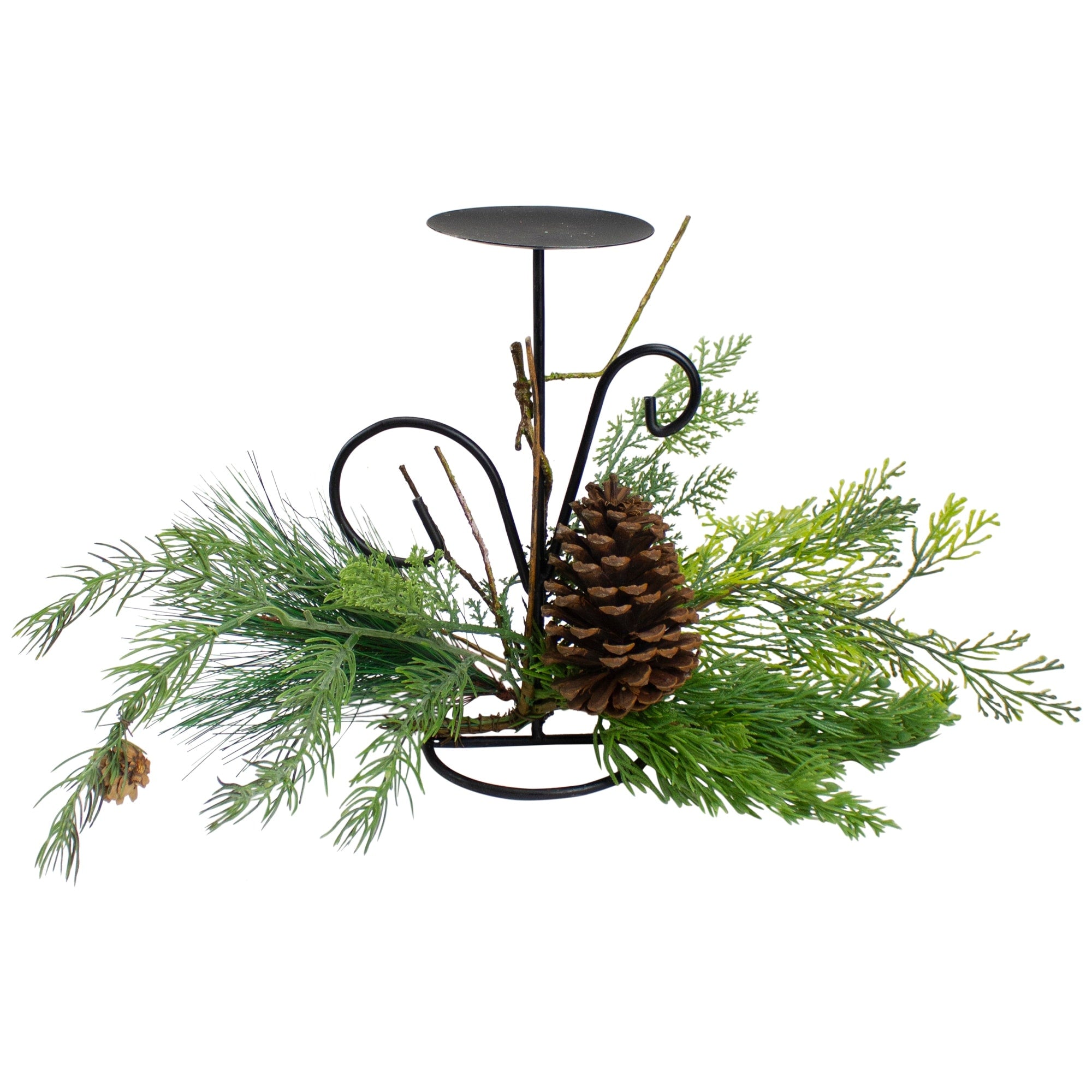 10 Green Artificial Sprigs And Pine Cone Christmas Candle Holder
