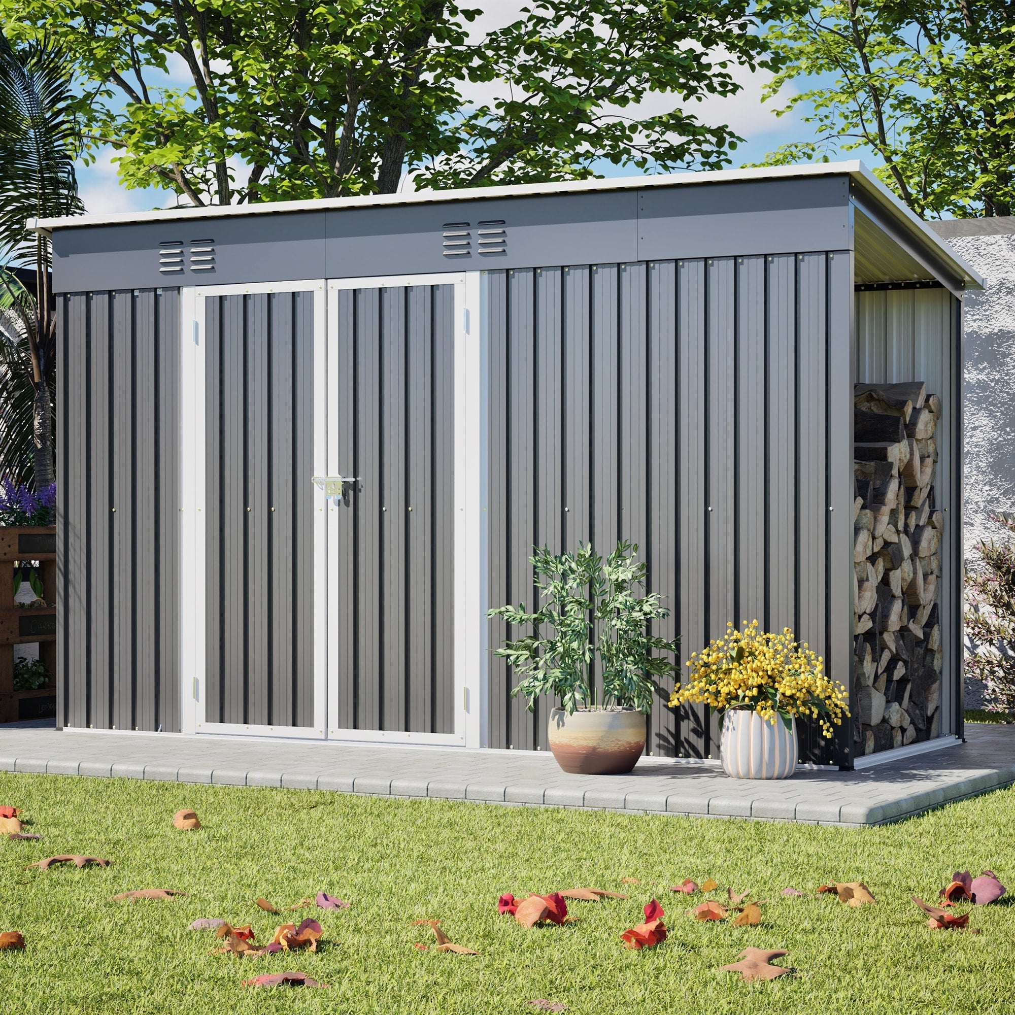 10X4 Outdoor Metal Storage Shed For Garden Tools Lockable Door With Floor Frame