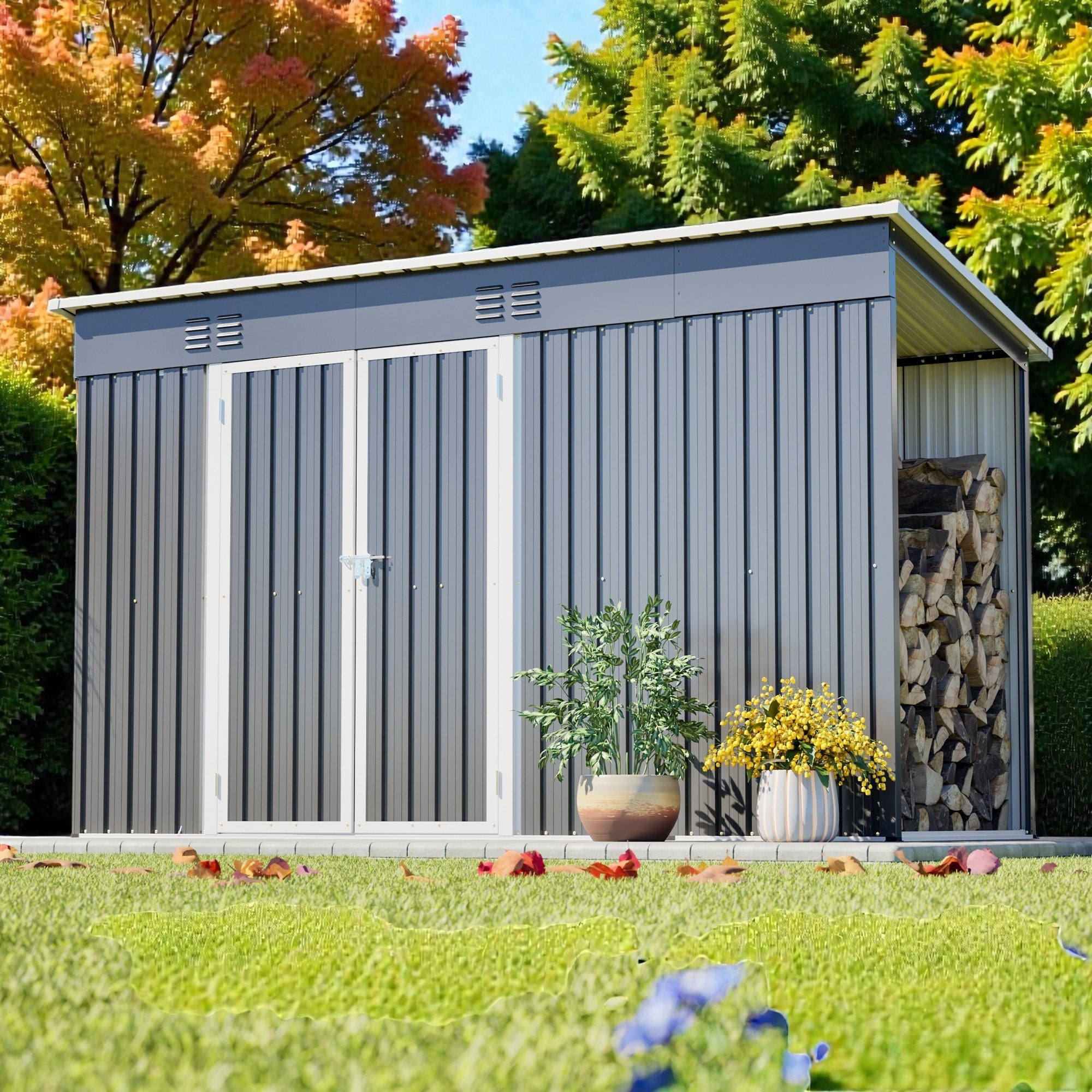 10X4 Outdoor Steel Storage Shed With Lockable Door And Floor Frame Metal Tool Shed Grey