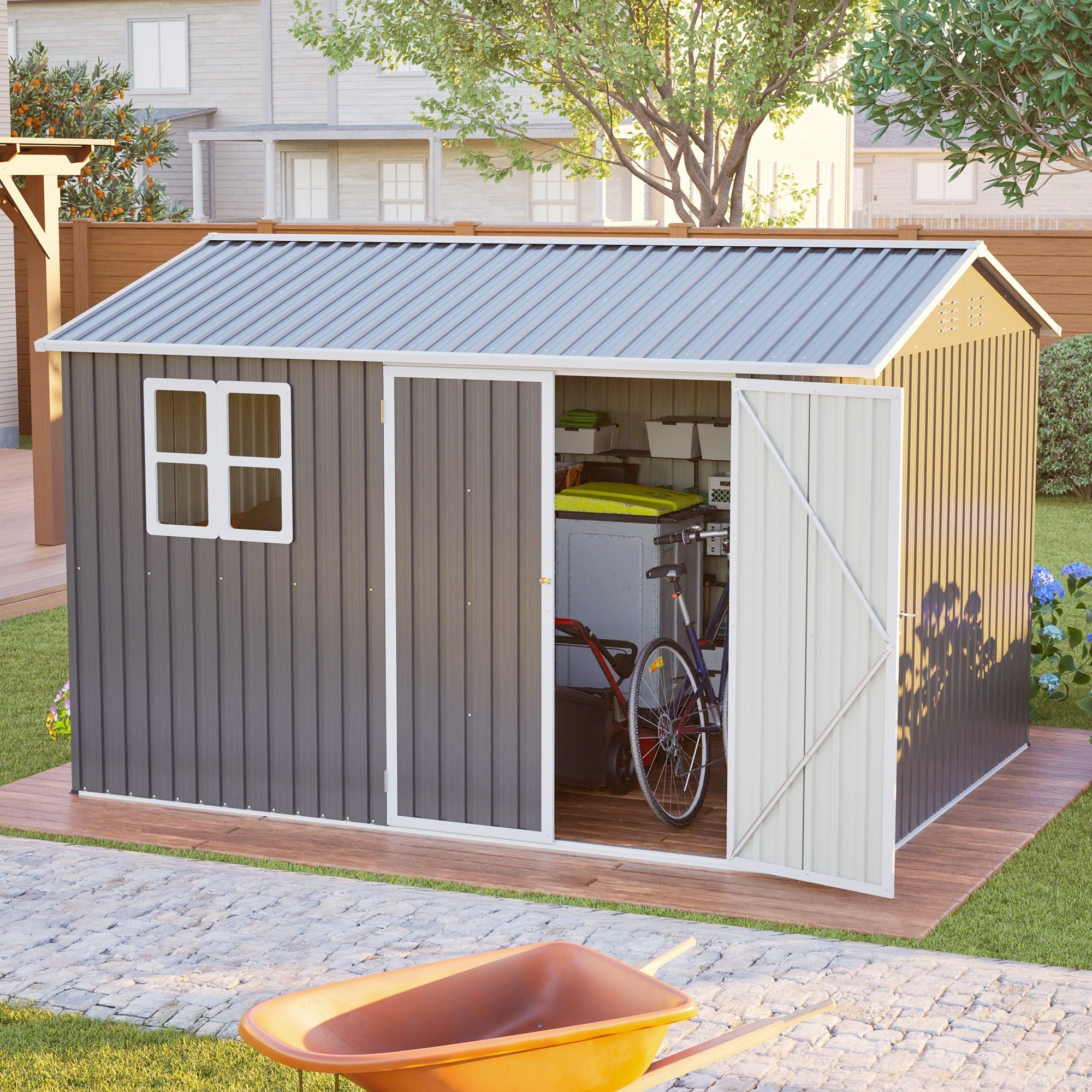 10X8 Oversized Steel Storage Shed With Window Lockable Doors Sloped Roof Heavy Duty Outdoor Tool Shed Dark Gray