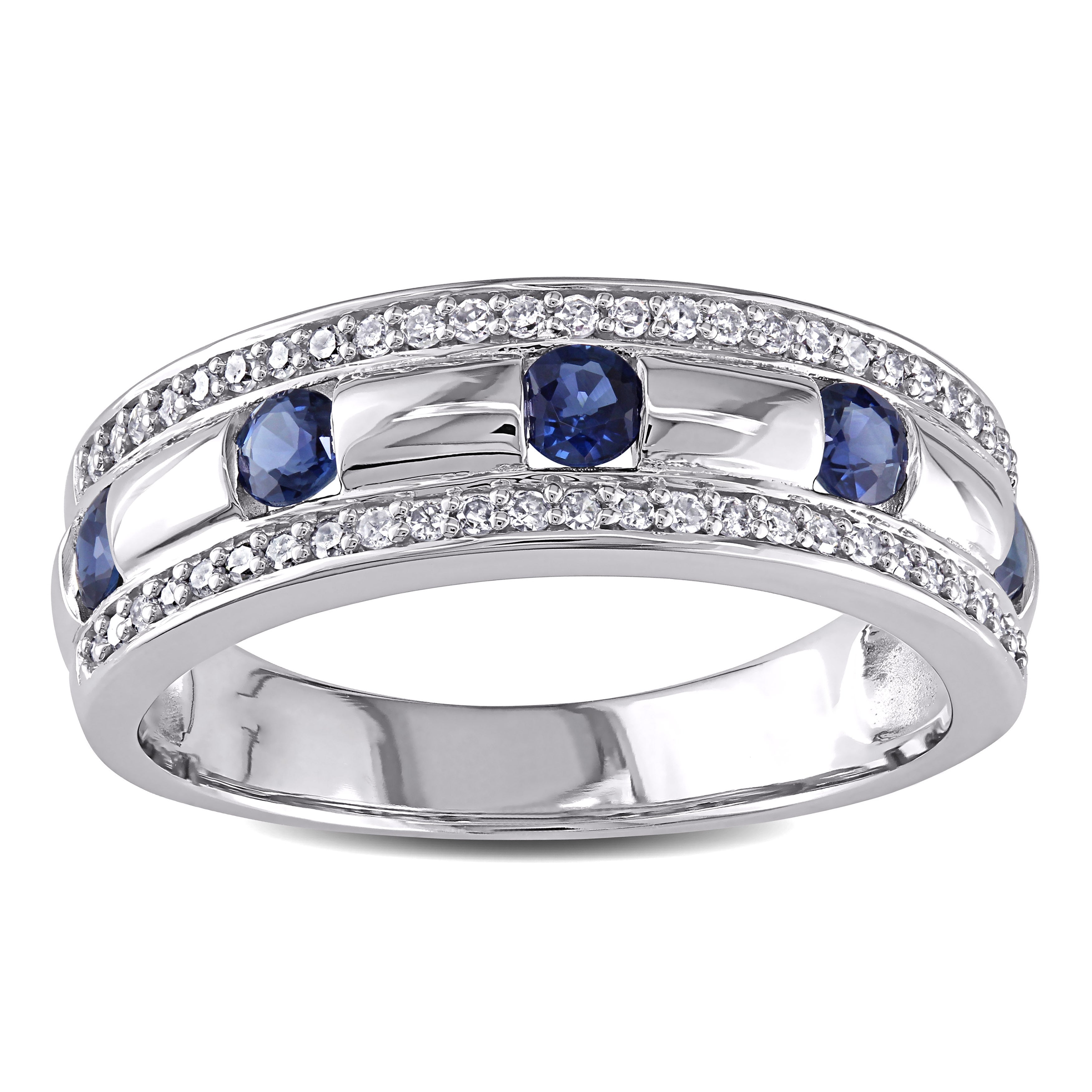 Miadora Signature 10K White Gold 1 4Ct Tdw Diamond And Sapphire Anniversary Band G H I1 I2