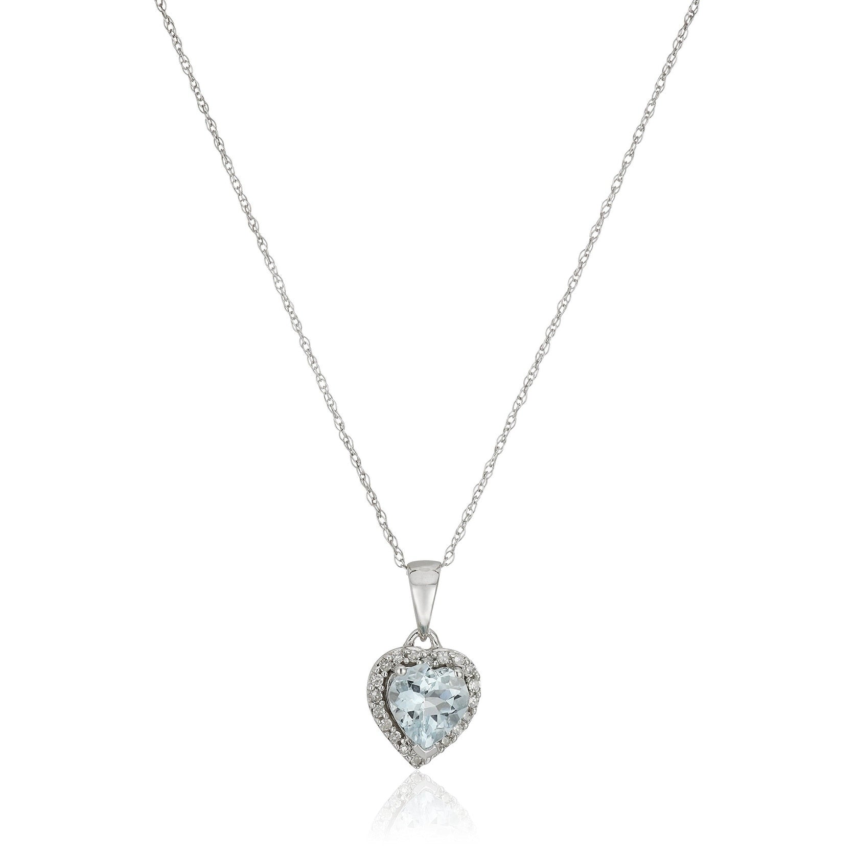 Pinctore 10K White Gold Aquamarine Heart Diamond Pendant Necklace 18 Blue
