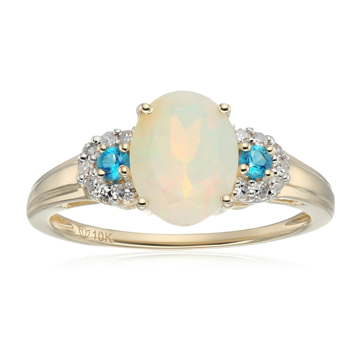 Pinctore 10K White Gold Ethiopian Opal Diamond 3 Stone Engagement Ring Size 7 Blue