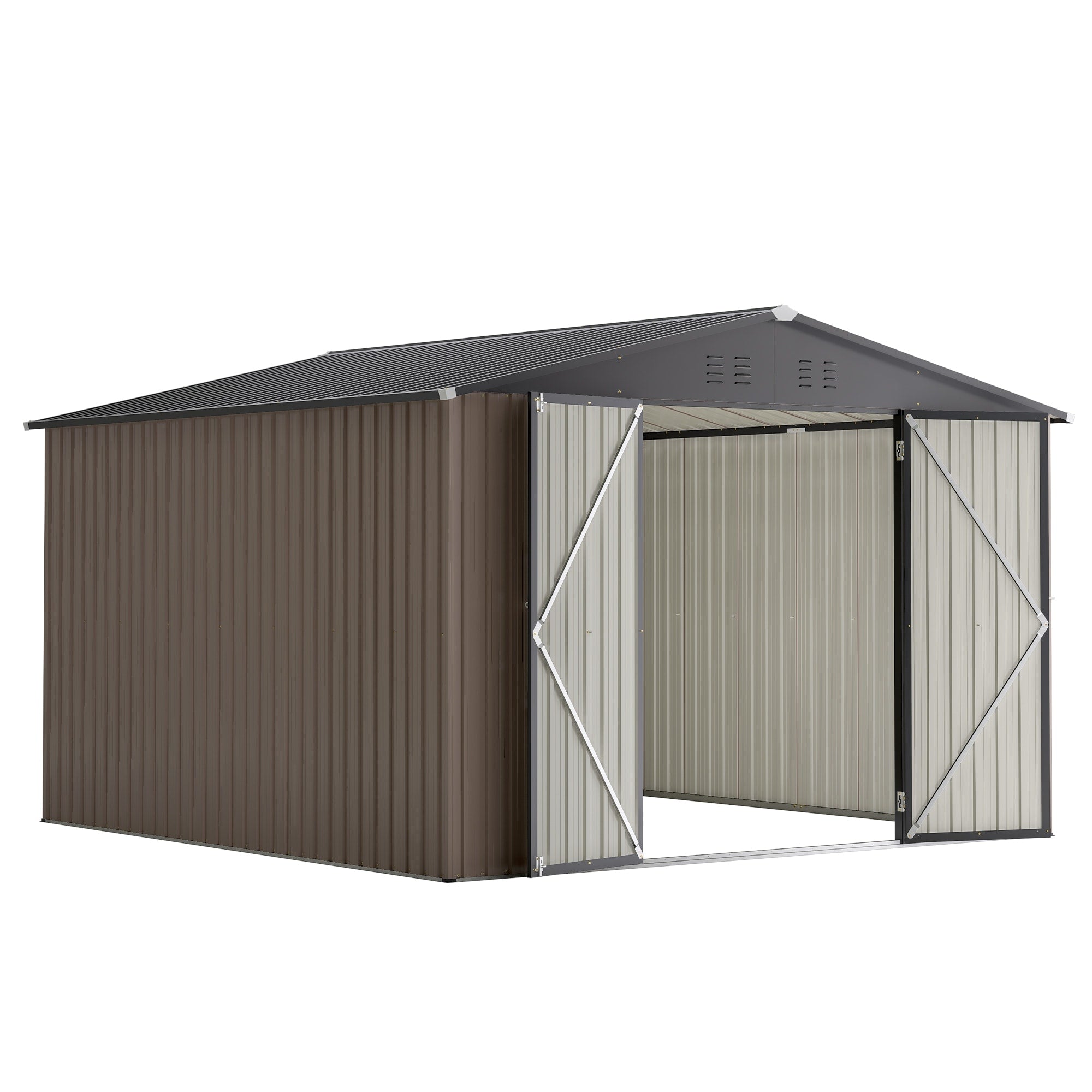 10X10 Ft Large Outdoor Metal Storage Shed Updated Heavy Duty Frame Lockable Double Doors All Weather Utility Garden Shed
