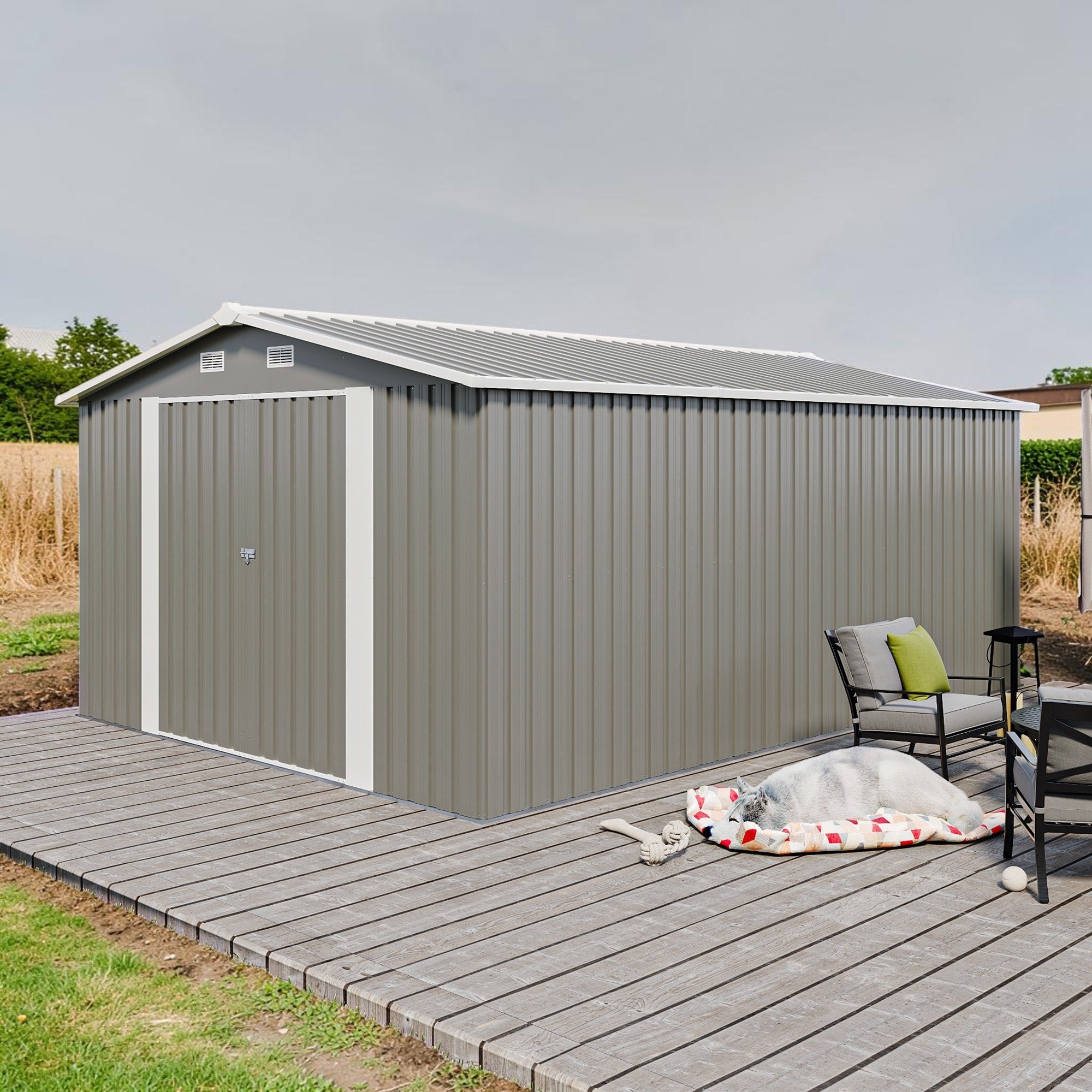10X14 Ft Metal Storage Shed With 3 Lockable Doors Outdoor Garden Tool Shed With Vents And Sloped Roof