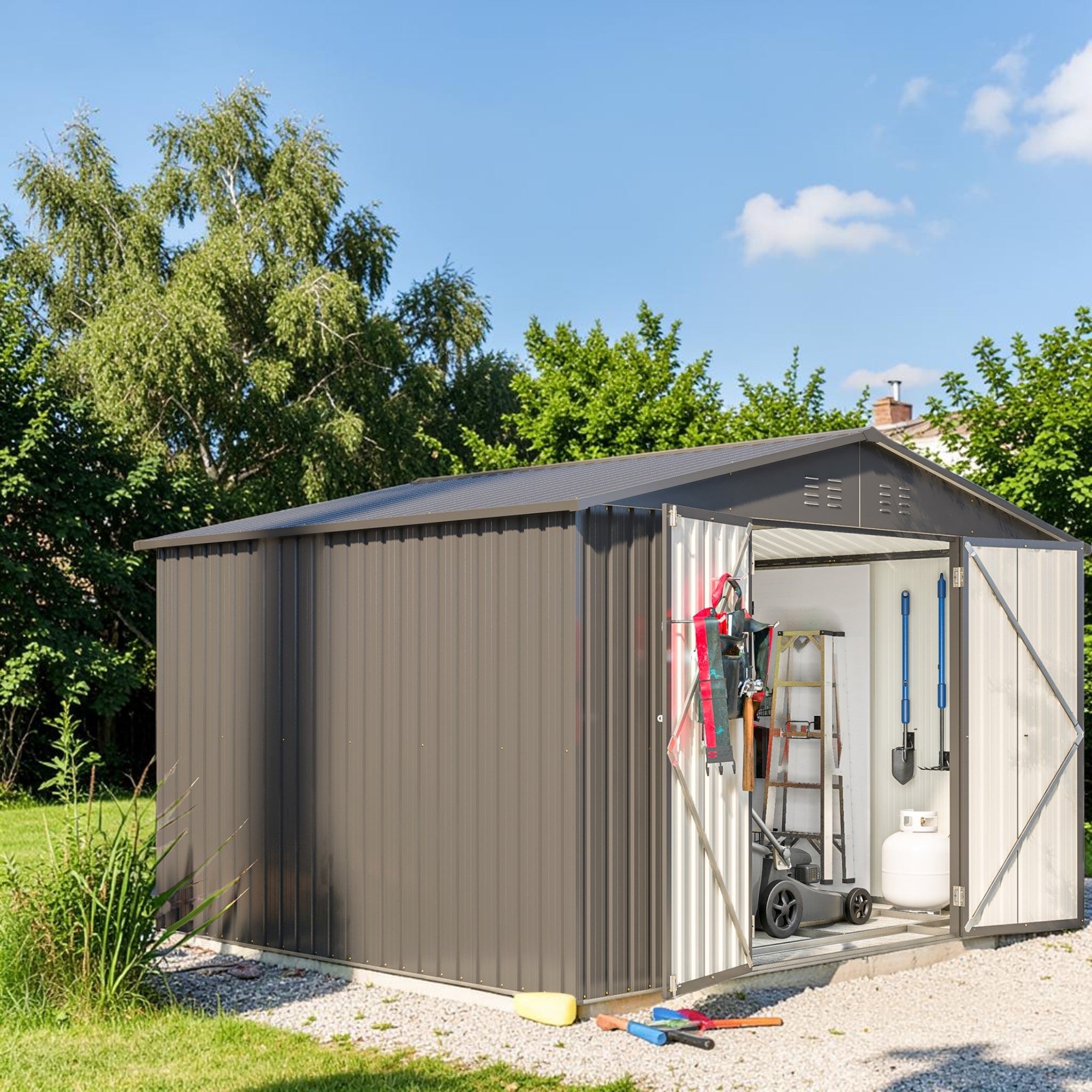 10X8 Ft Metal Storage Shed With Lockable Doors All Weather Outdoor Garden Tool Shed For Backyard Patio