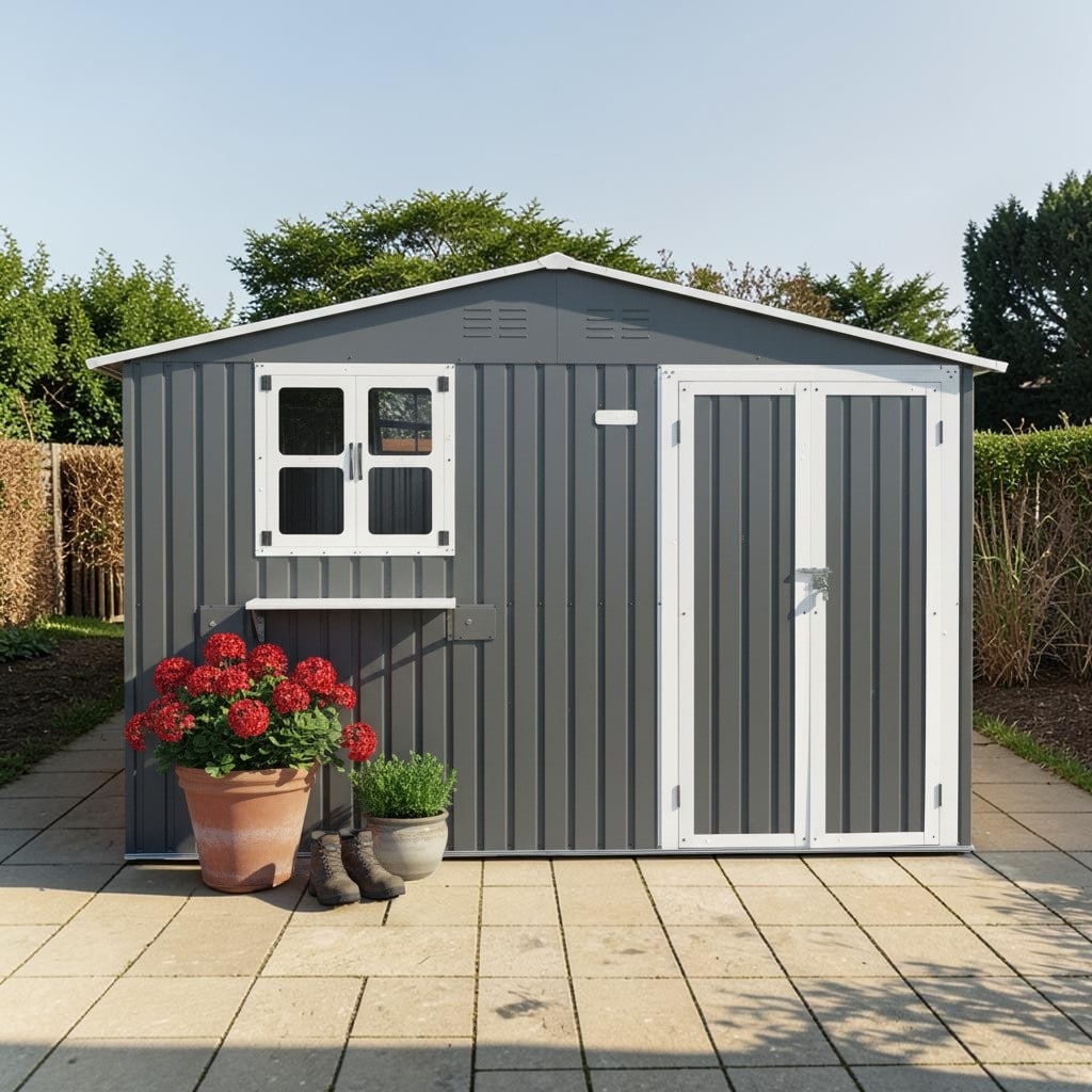 10X8 Ft Outdoor Metal Storage Shed With Windows Flower Rack And Lockable Double Doors