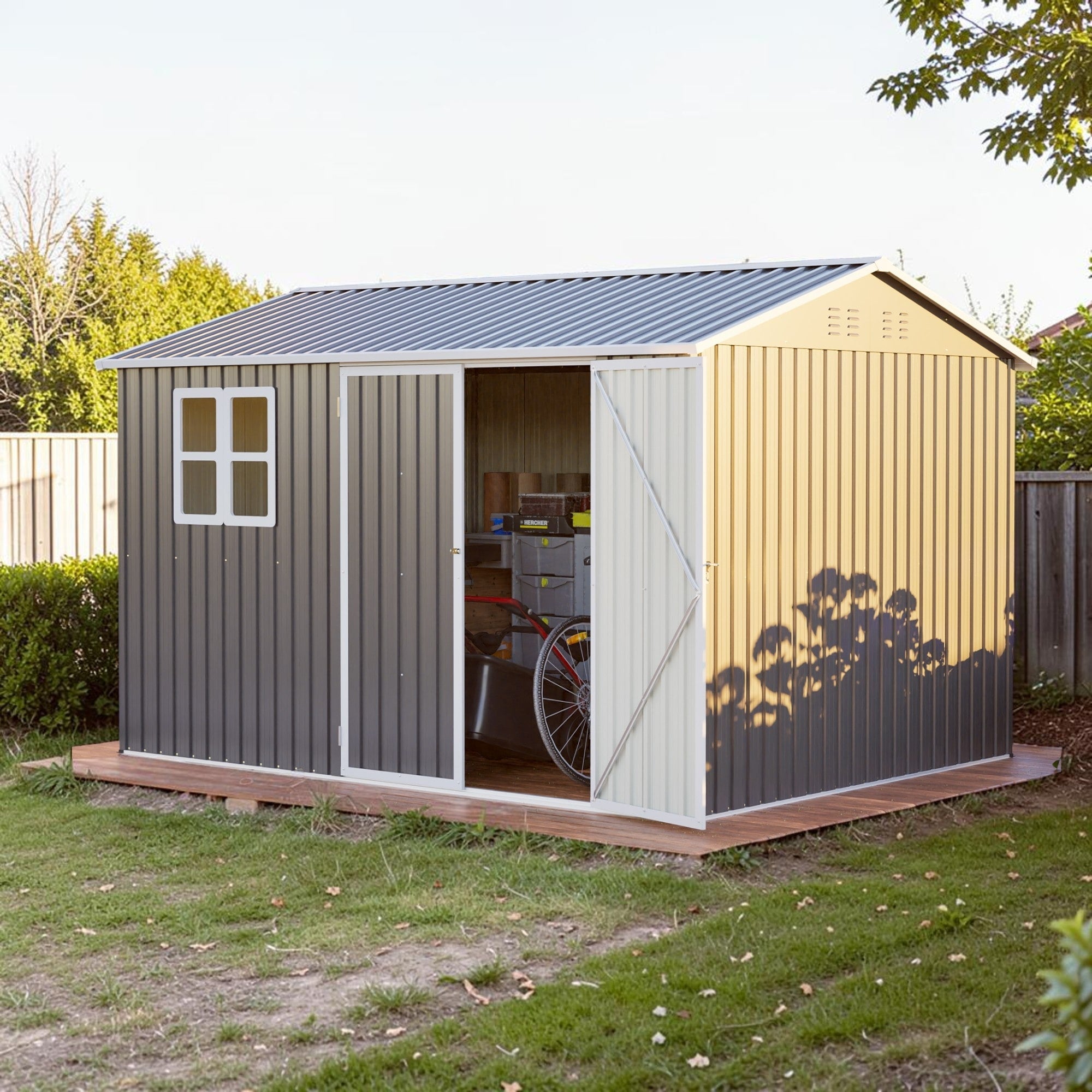 10X8 Ft Steel Storage Shed With Window Lockable Doors Sloped Roof Outdoor Garden Tool Shed