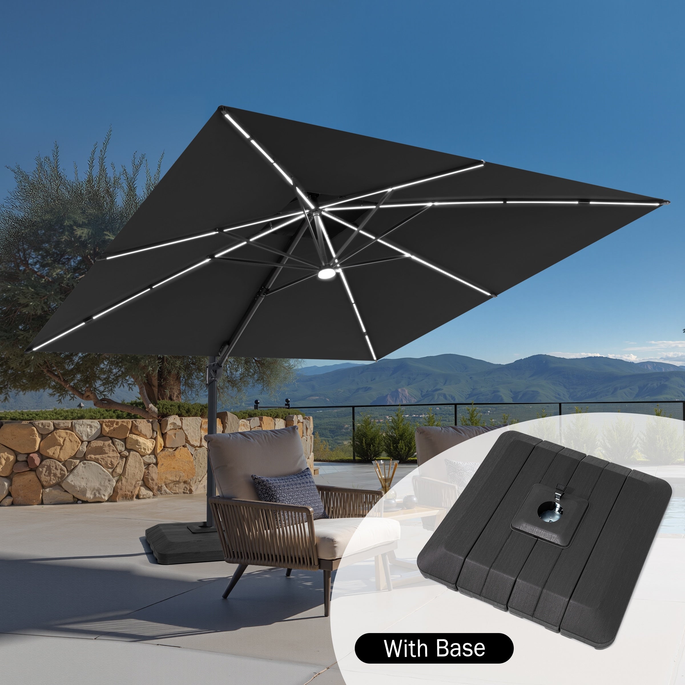 11 Ft Outdoor Patio Cantilever Umbrella Solar Lights Double Canopy 360 Rotation Tilt With Base