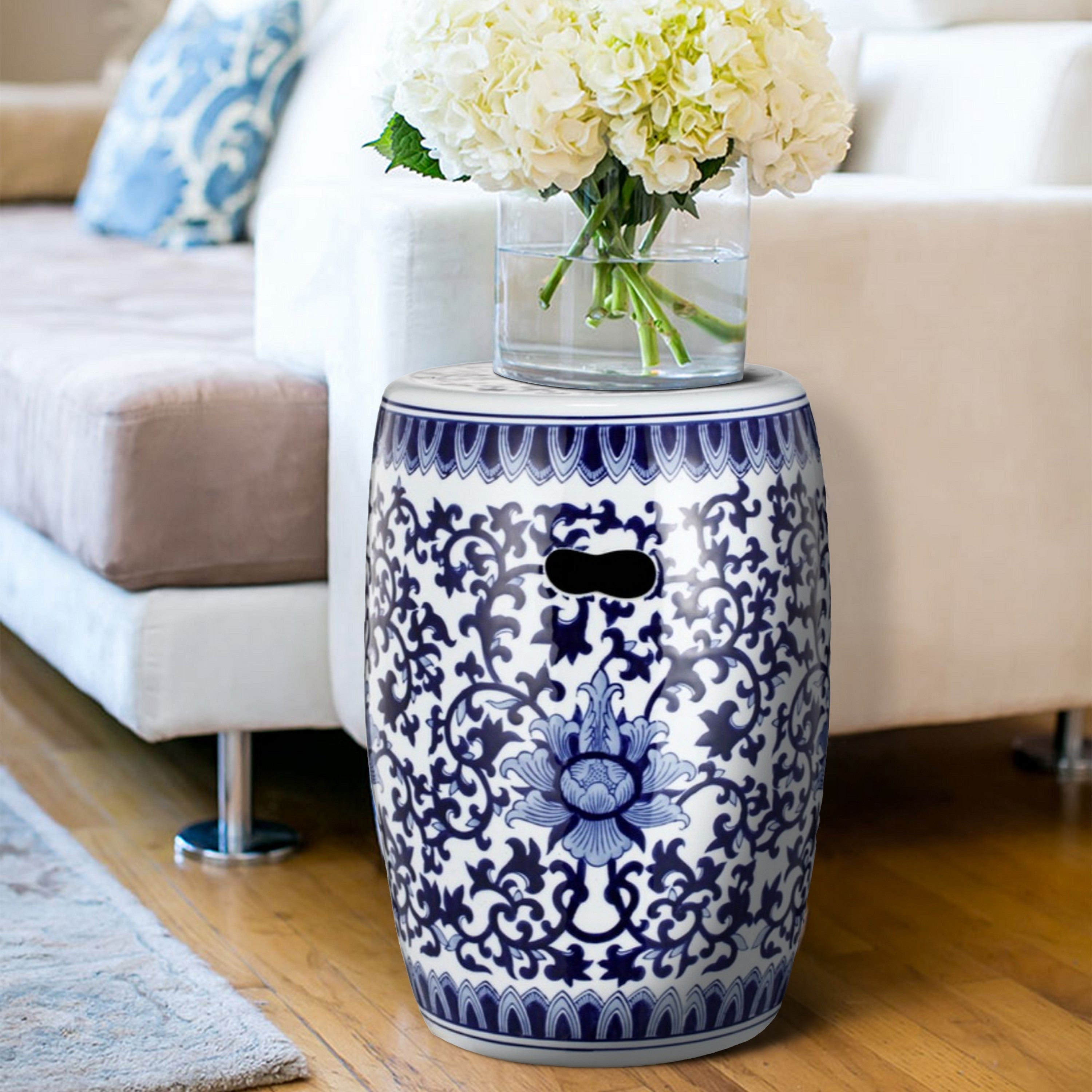 Round Floral Design Transitional Ceramic Stool White And Blue