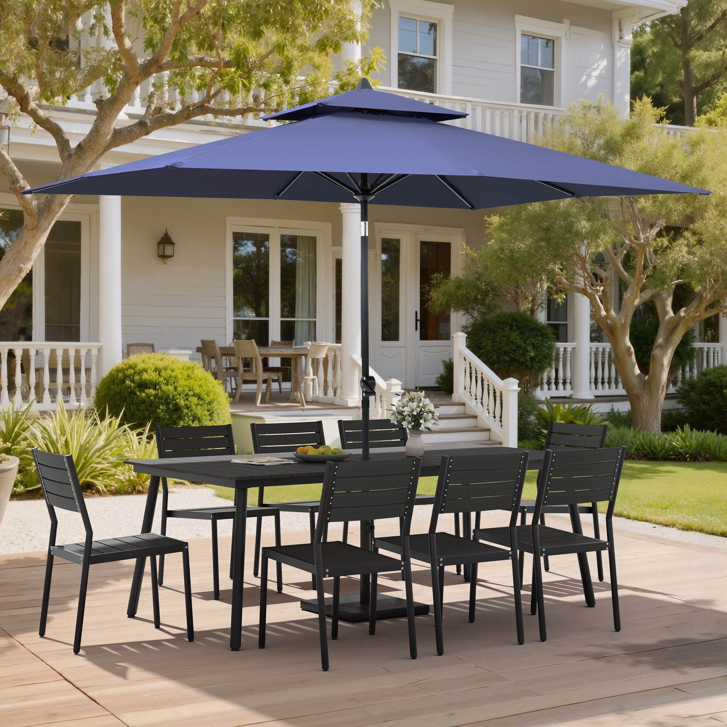 11 Pc Outdoor Patio Dining Set Wood Like Aluminum Umbrella Hole Table With Stackable Chairs Double Top Market Umbrella And Base
