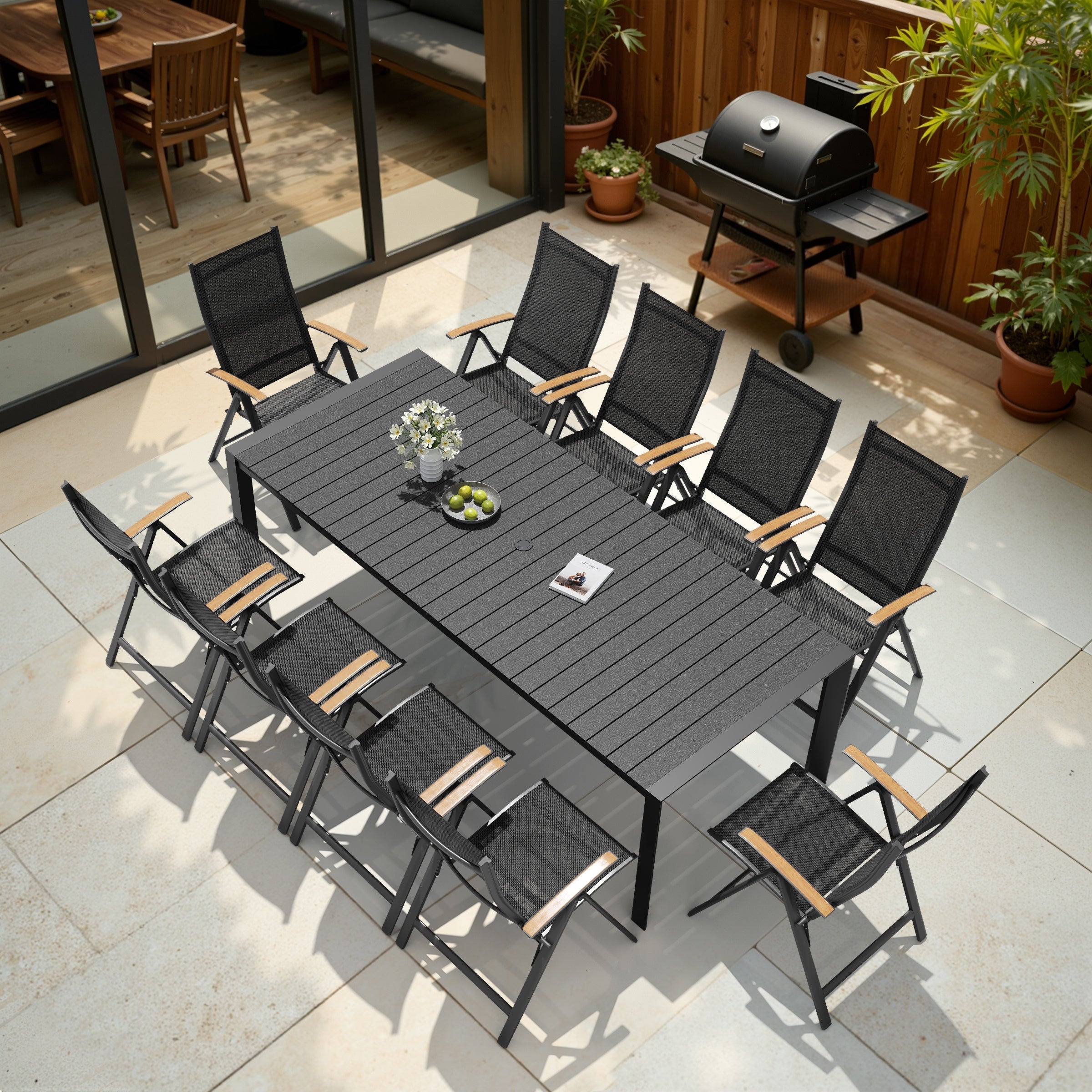 11 Piece Outdoor Patio Dining Set Wood Like Table Top Aluminum Rectangular Umbrella Hole Table With Folding Teak Armrest Chairs