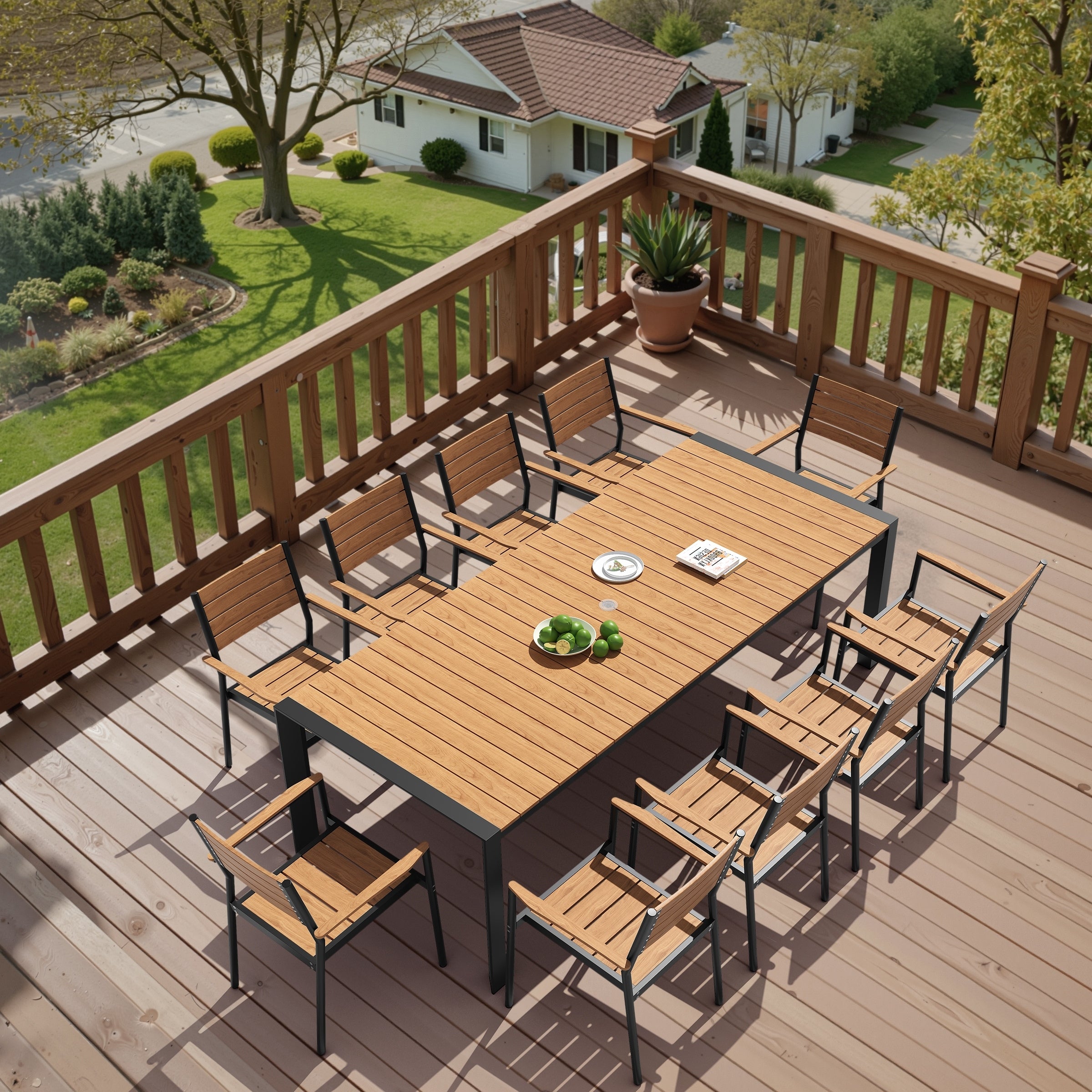 11 Piece Outdoor Patio Dining Set Wood Like Table Top Aluminum Rectangular Umbrella Hole Table With Stackable Armrest Chairs