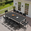 11 Piece Outdoor Patio Dining Set Wood Like Table Top Aluminum Rectangular Umbrella Hole Table With Stackable Chairs