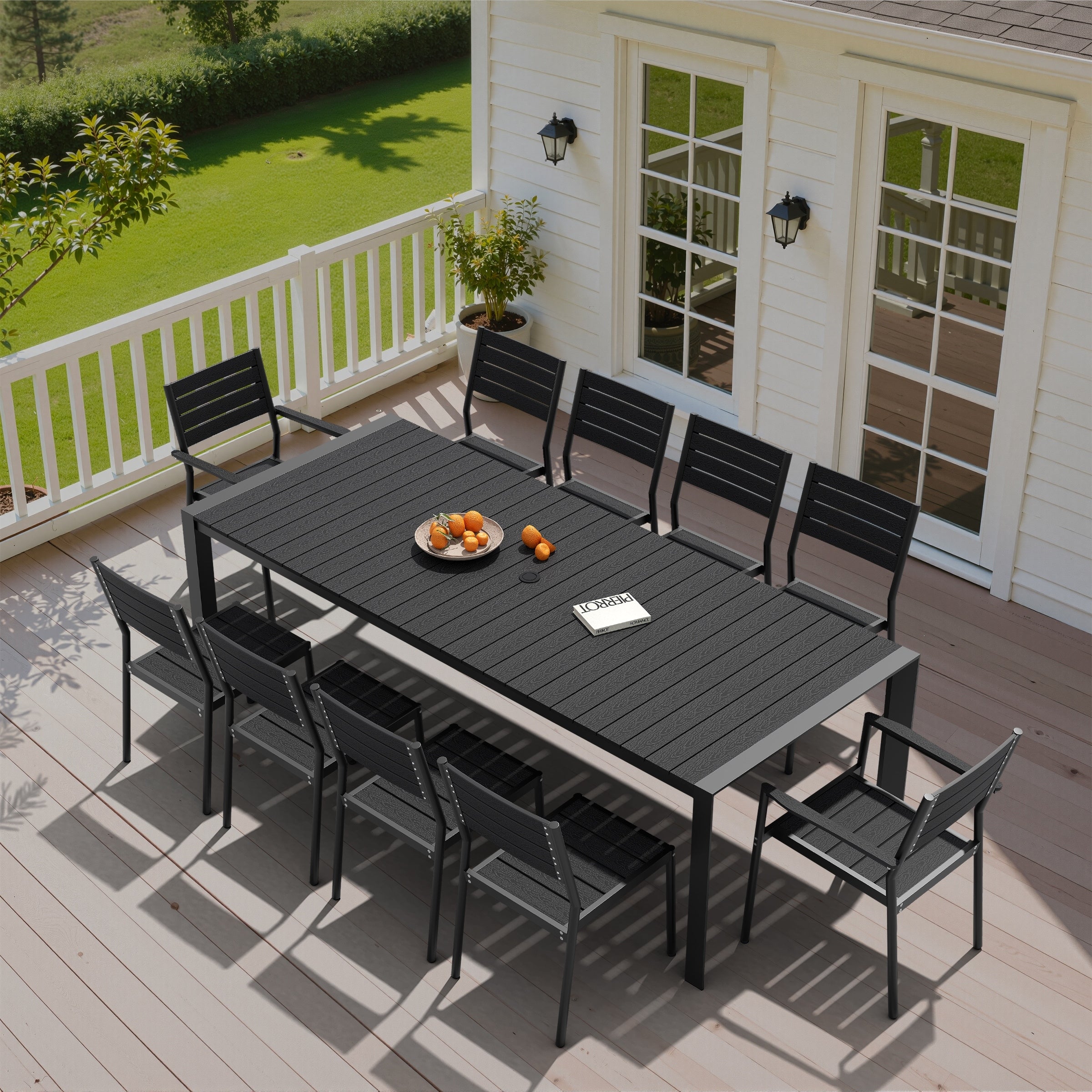 11 Piece Outdoor Patio Dining Set Wood Like Table Top Aluminum Rectangular Umbrella Hole Table With Stackable Chairs