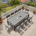 11 Piece Outdoor Patio Dining Set Wood Like Table Top Aluminum Rectangular Umbrella Hole Table With Stackable Chairs