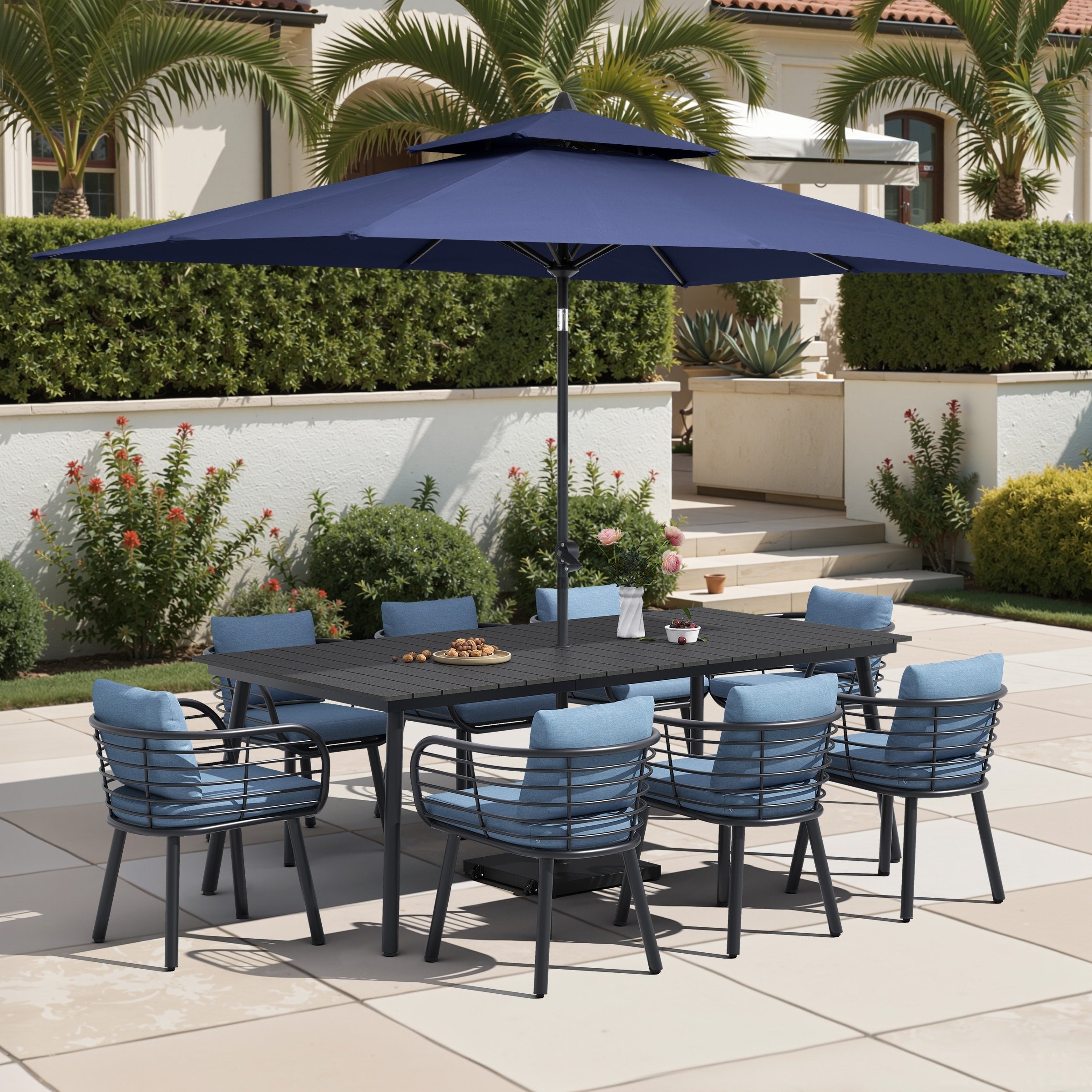 11 Piece Outdoor Patio Dining Set With Sunbrella Cushion Aluminum Dining Table And Chairs W 10 Ft Umbrella And Base With Wheels