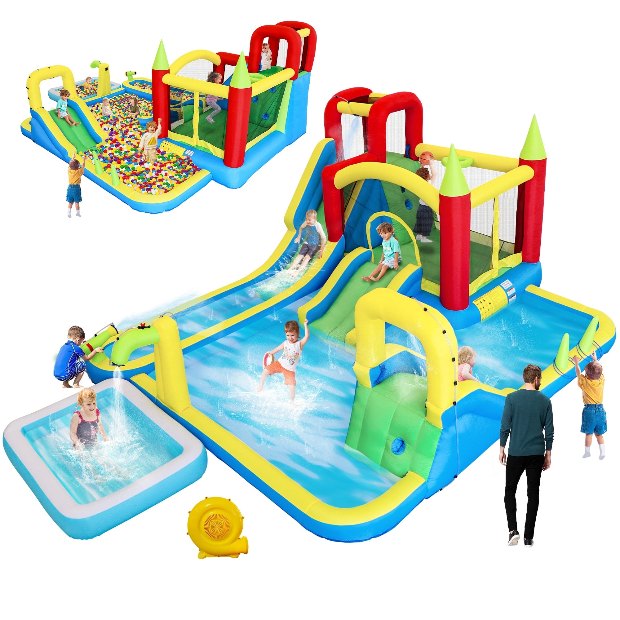 11 In 1 Inflatable Slide Water Park Slides Large Pool Water Gun Trampoline Climbing Wall Basketball Hoop And Ring Toss Game