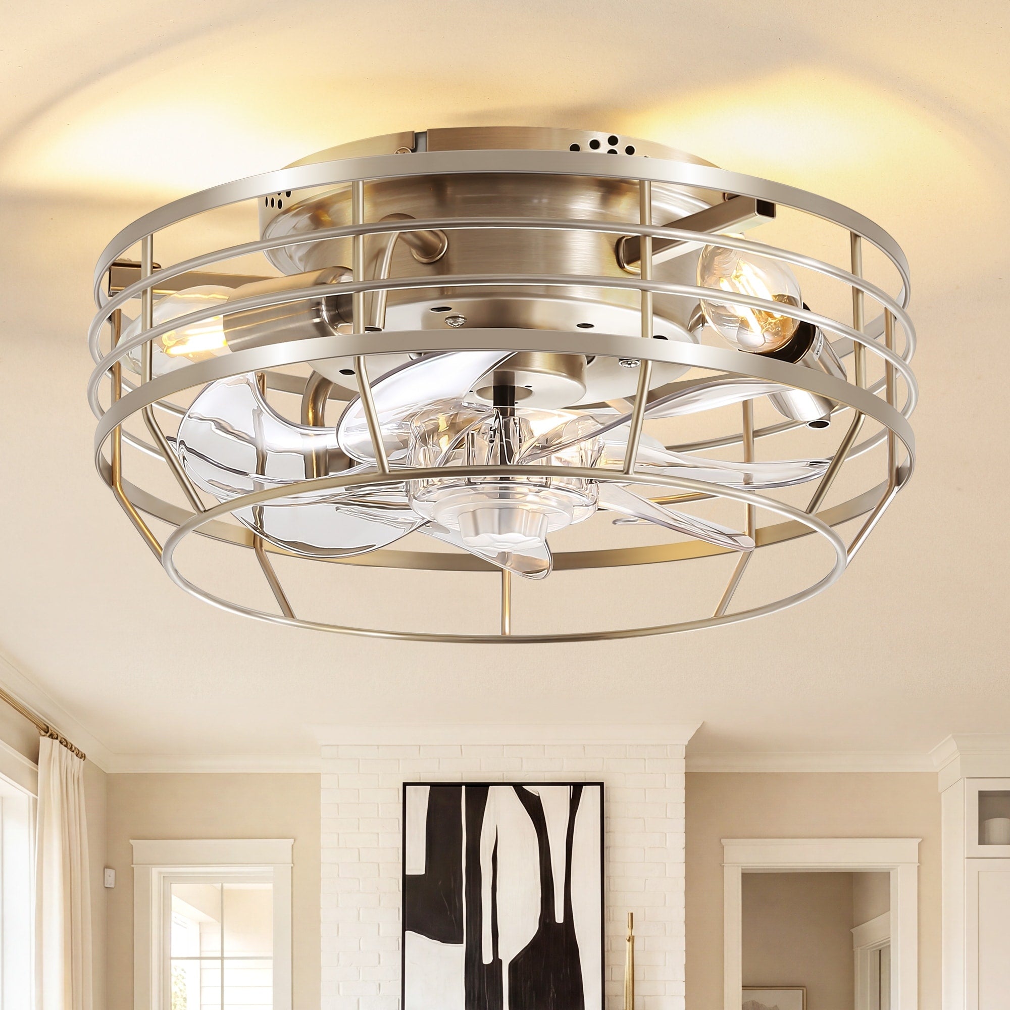 11.8 Inch Modern Caged Ceiling Fan With Lights Flush Mount Quiet Reversible Dc Motor 6 Speed Remote Control Satin Nickel