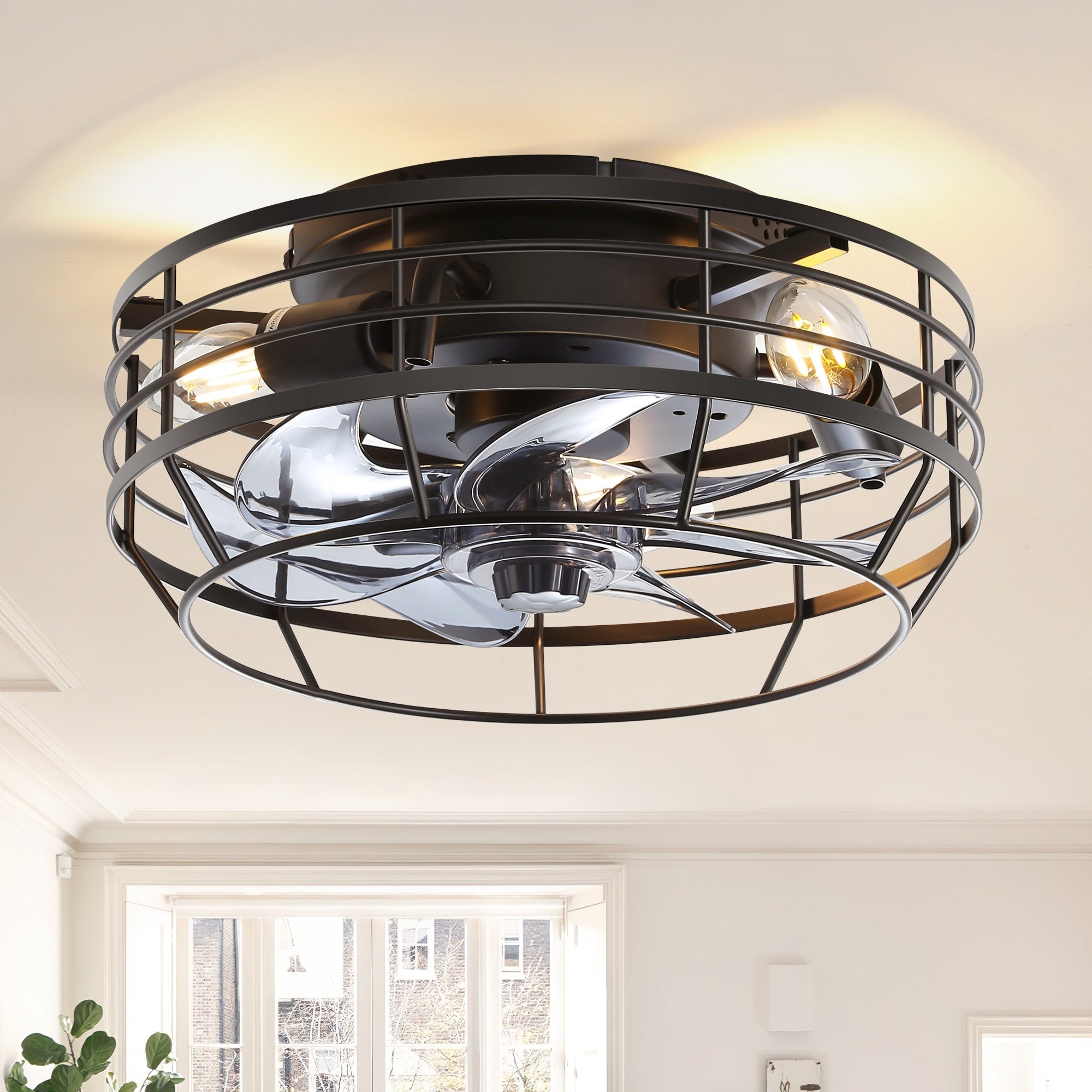 11.8 Black Flush Mount Ceiling Fan With Light Enclosed Caged Low Profile Design Quiet Dc Motor Remote Control 11.8 Inch