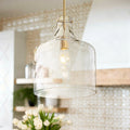 11.8 W Modern Farmhouse Clear Hammered Glass Bell Shaped 1 Light Pendant In Brushed Gold Finish For Kitchen Island Dining Room