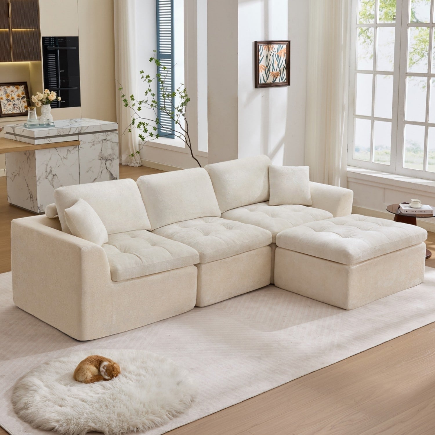 110 L Shaped Chenille Sectional Sofa With Ottoman No Assembly Required