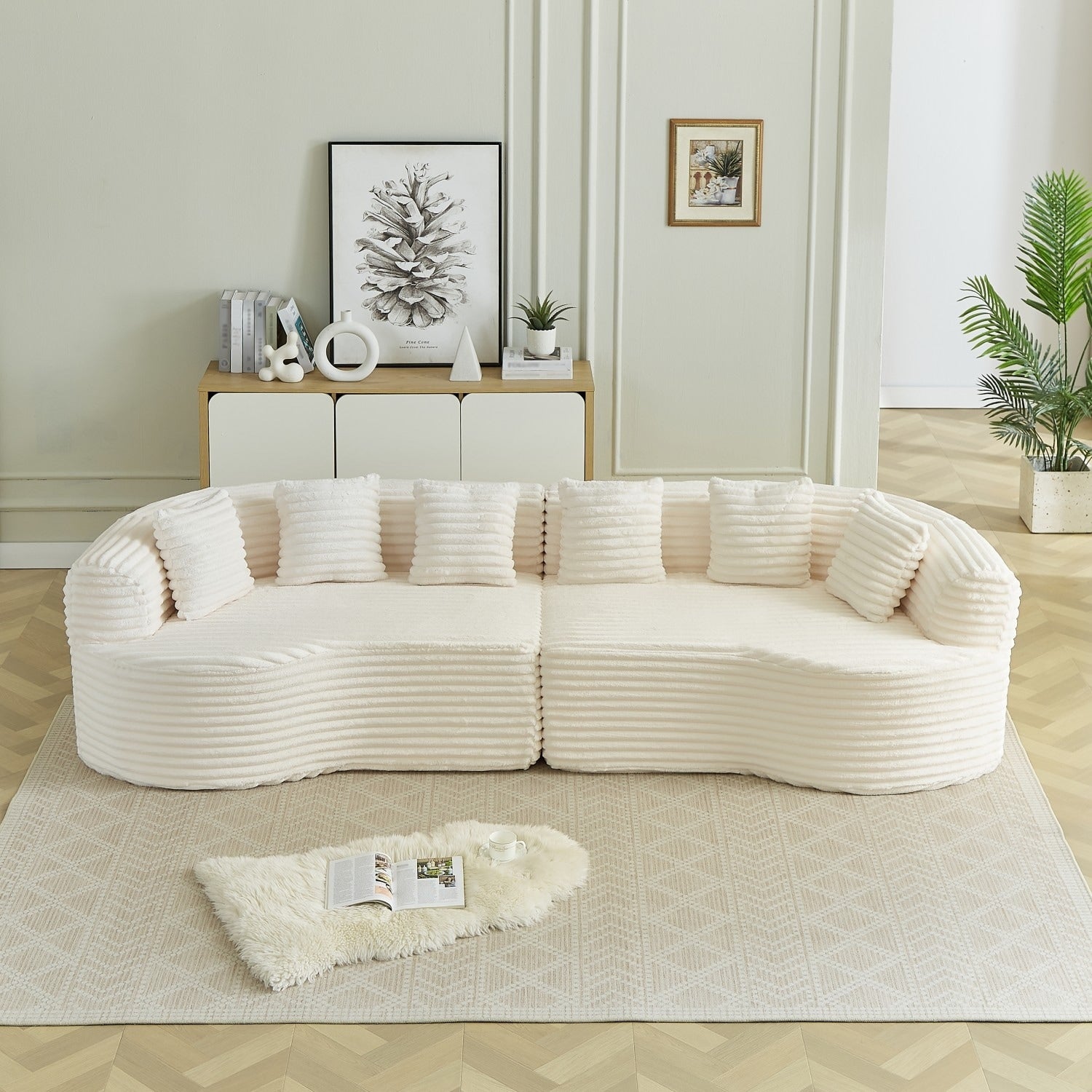 111.5 Corduroy Curved Sectional Sofa With Pillows No Assembly Required