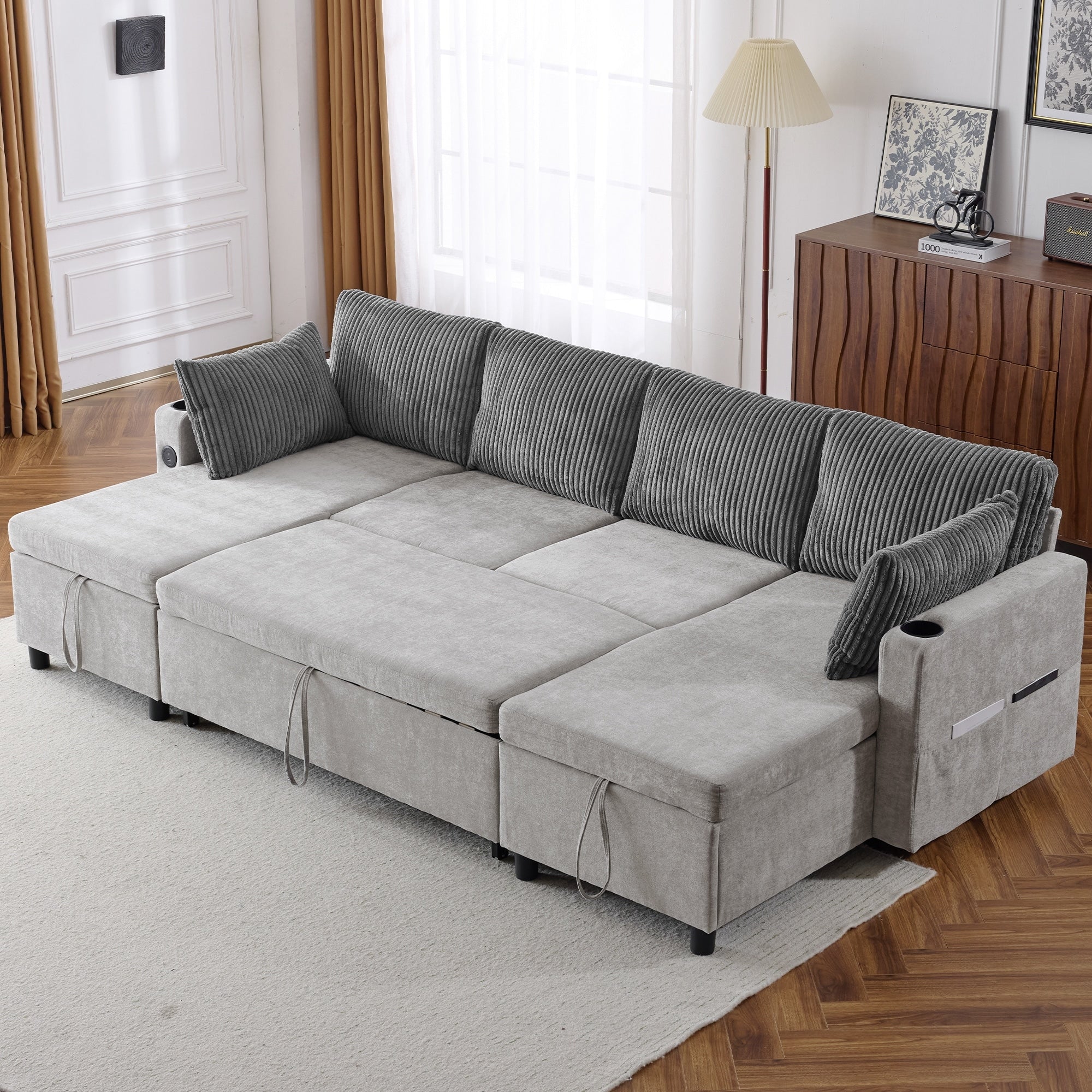 113.4 Sectional Sofa Pull Out Sofa Bed With Storage Space Two Usb Ports And Cup Holders