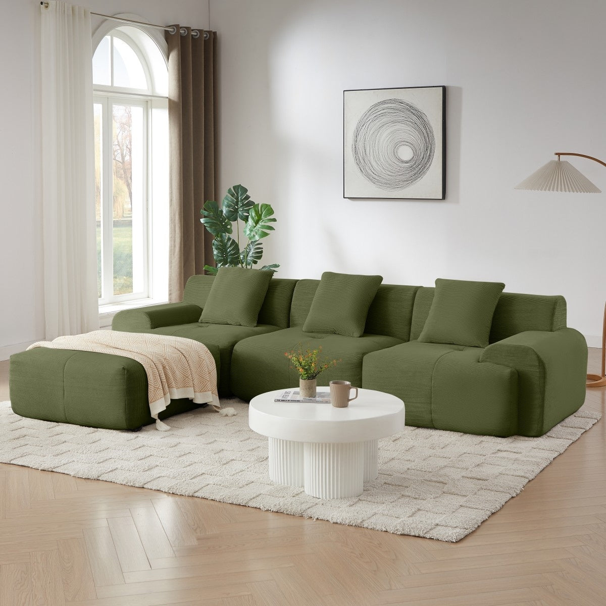 113 Modern L Shaped Corduroy Modular Sectional Sofa With Movable Ottoman